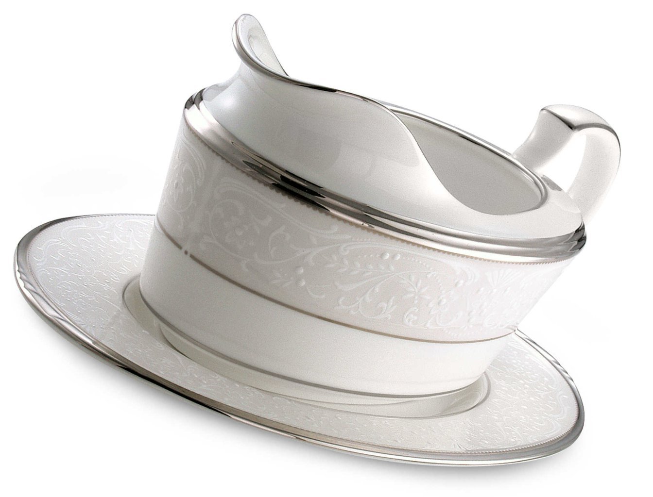 Noritake Silver Palace 2-Piece Gravy Boat with Tray - Elegant Serving Set for Holiday Dinners & Special Occasions