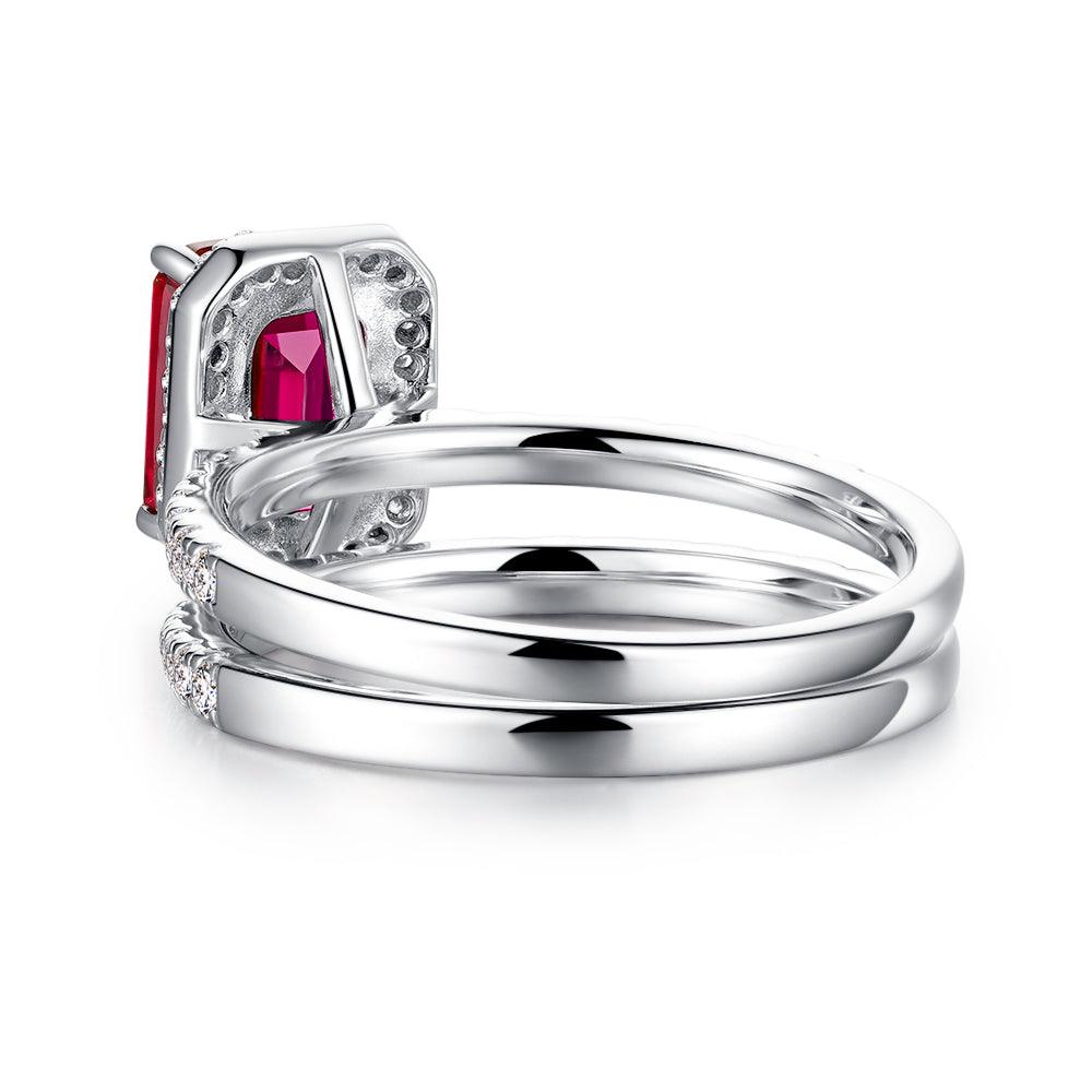 2 CT. Emerald Cut Lab Grown Ruby Engagement Ring & Wedding Band Set for Women - Perfect for Proposals, Anniversaries & Bridal Jewelry Gifts