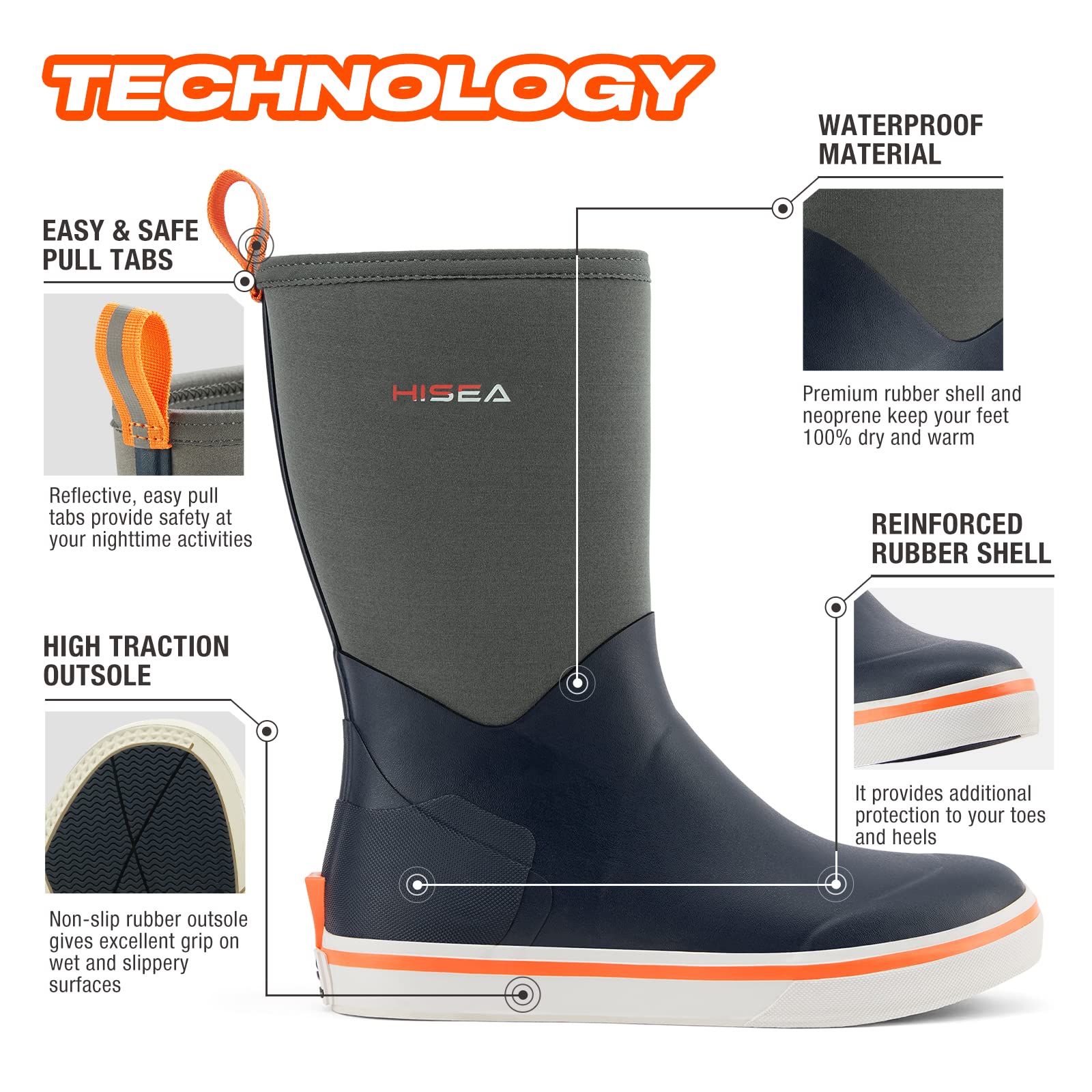 HISEA Men's Waterproof Rubber Rain Boots for Gardening, Fishing, Outdoor & Deck Work - Slip-Resistant Comfort for Wet Conditions