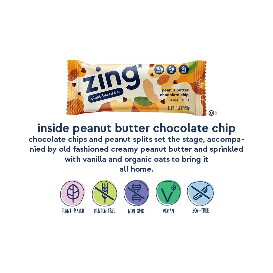 Zing Peanut Butter Chocolate Chip Vegan Protein Bars - Gluten Free, High Protein, High Fiber, Dairy Free, Plant Based, Kosher, Low Sugar, No Sugar Alcohols - 12 Pack | Perfect for Post-Workout Recovery, Healthy Snacking & On-the-Go Nutrition