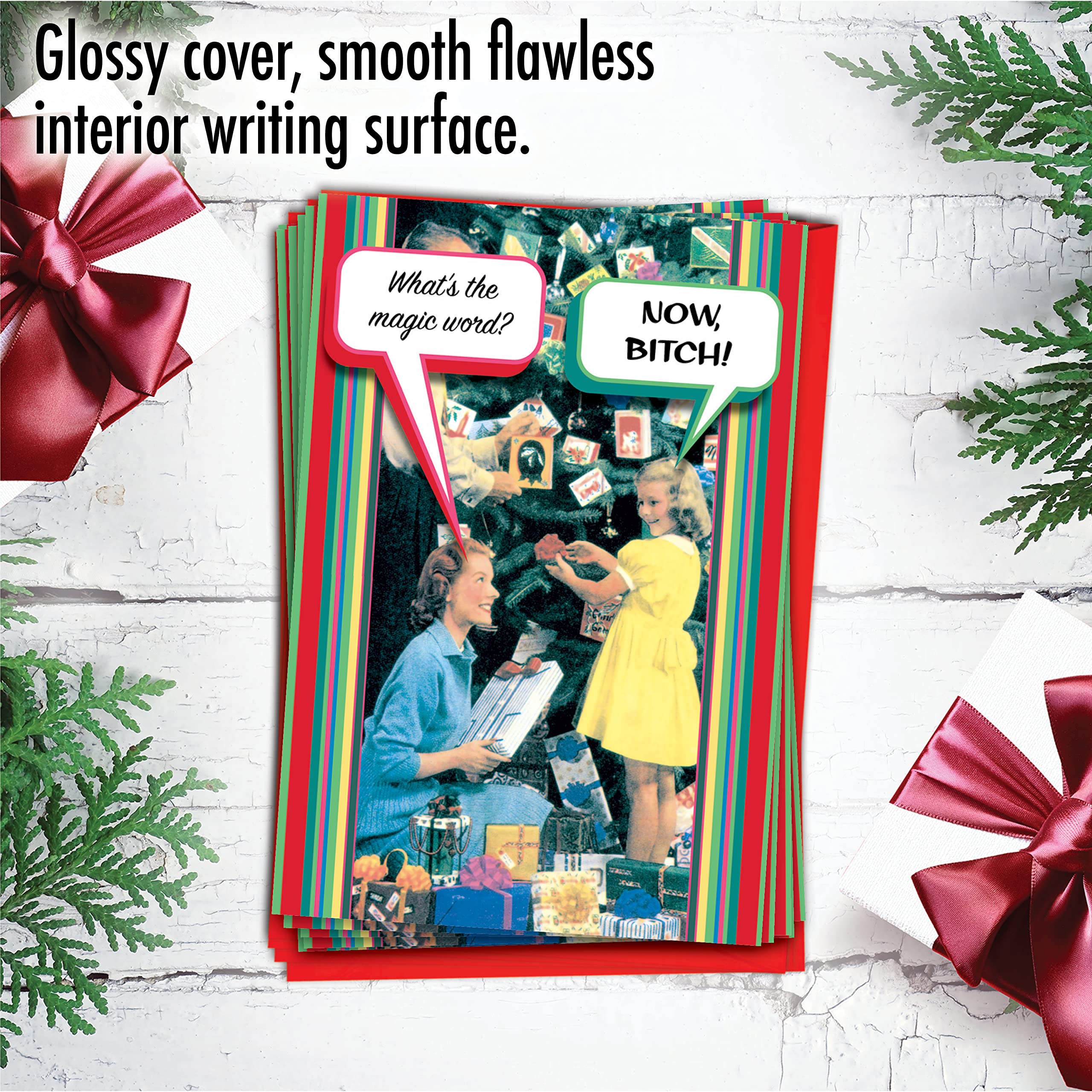 NobleWorks - 12 Funny Rude Christmas Greeting Cards for Adults - Holiday Humor Boxed Cards with Envelopes (1 Design, 12 Cards) - Perfect for Office Parties, White Elephant Gifts & Adult Holiday Exchanges - B-tch B1080