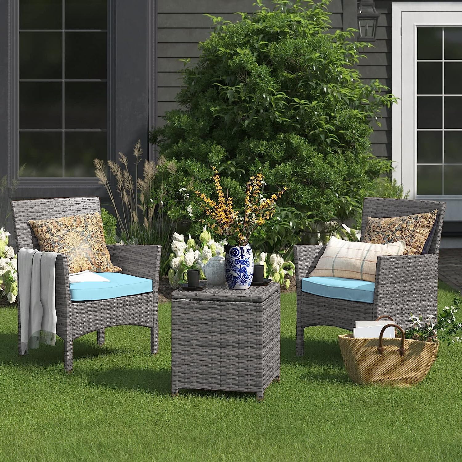 Barton 3-Piece Wicker Patio Furniture Set with Glass Table - Modern Rattan Outdoor Conversation Seating in Aqua - Perfect for Garden, Poolside, and Backyard Relaxation