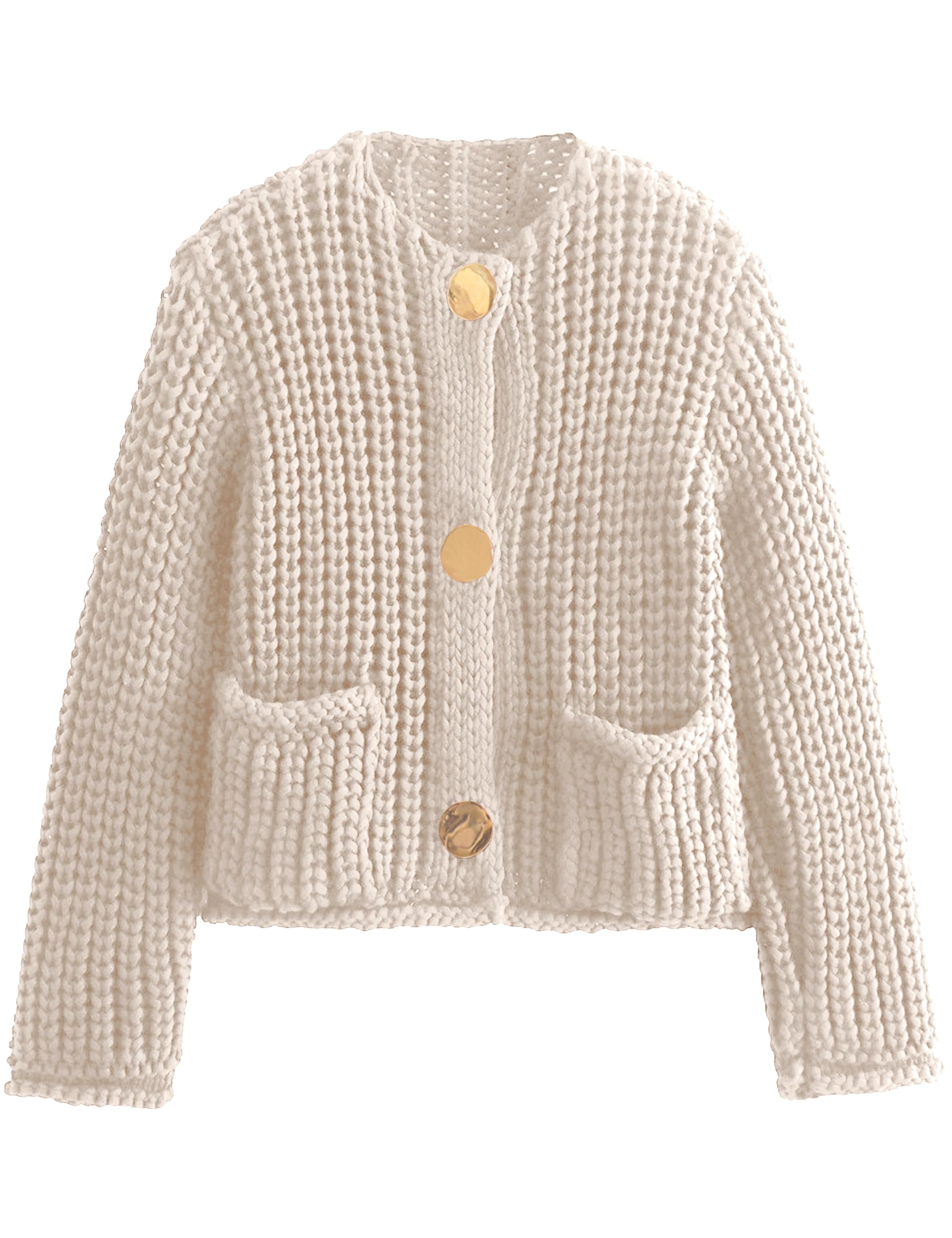 Women's Chunky Knit Cardigan with Gold Buttons - Long Sleeve Cropped Crochet Sweater for Fall | Cozy Layering for Autumn Outfits & Casual Office Wear