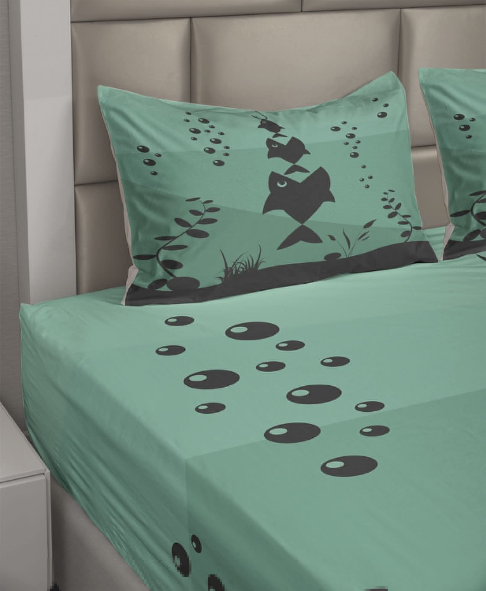 Ambesonne 4-Piece Fishing Themed Sheet Set - Big Fish Eats Small Fish Underwater Ocean Design, Full Size Fitted & Flat Sheets with Pillowcases, Teal Grey - Perfect for Beach House Bedrooms, Fishing Enthusiasts & Ocean Theme Decor