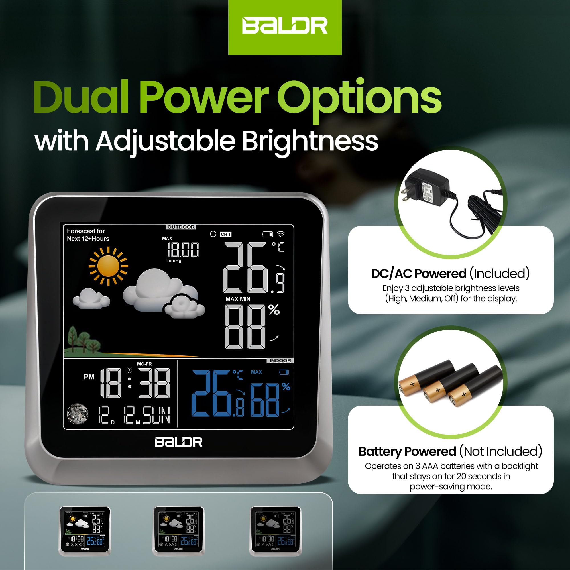 BALDR Wireless Weather Station Clock - Indoor Outdoor Thermometer with Weather Forecast, Barometer & Moon Phase Display - Accurate Temperature Humidity Monitor for Home, Office, Garden & Camping