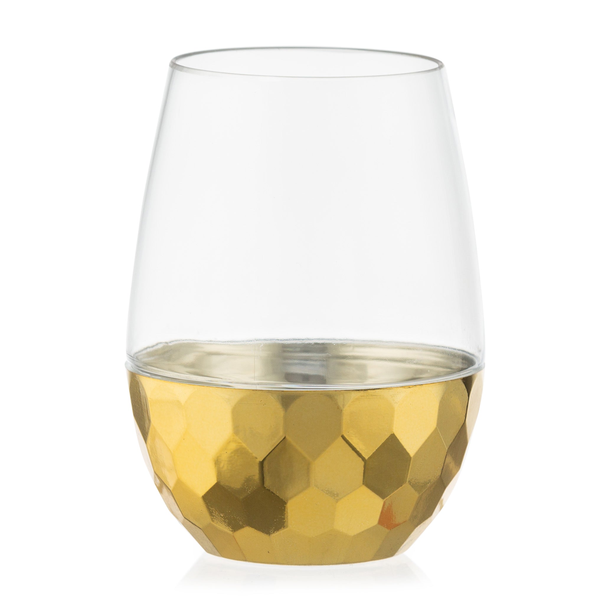 16 Oz Clear Stemless Wine Glasses with Hammered Gold Design - Set of 6 Shatterproof Goblets for Wedding, Party & Home Entertaining