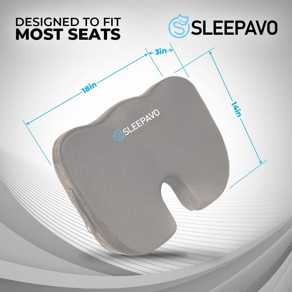 Sleepavo Gray Memory Foam Seat Cushion with Cooling Gel - Orthopedic Office Chair Cushion for Sciatica, Coccyx & Lower Back Pain Relief - Ergonomic Lumbar Support Pillow for Desk, Car & Airplane Travel - Perfect for Work, Driving & Long Flights