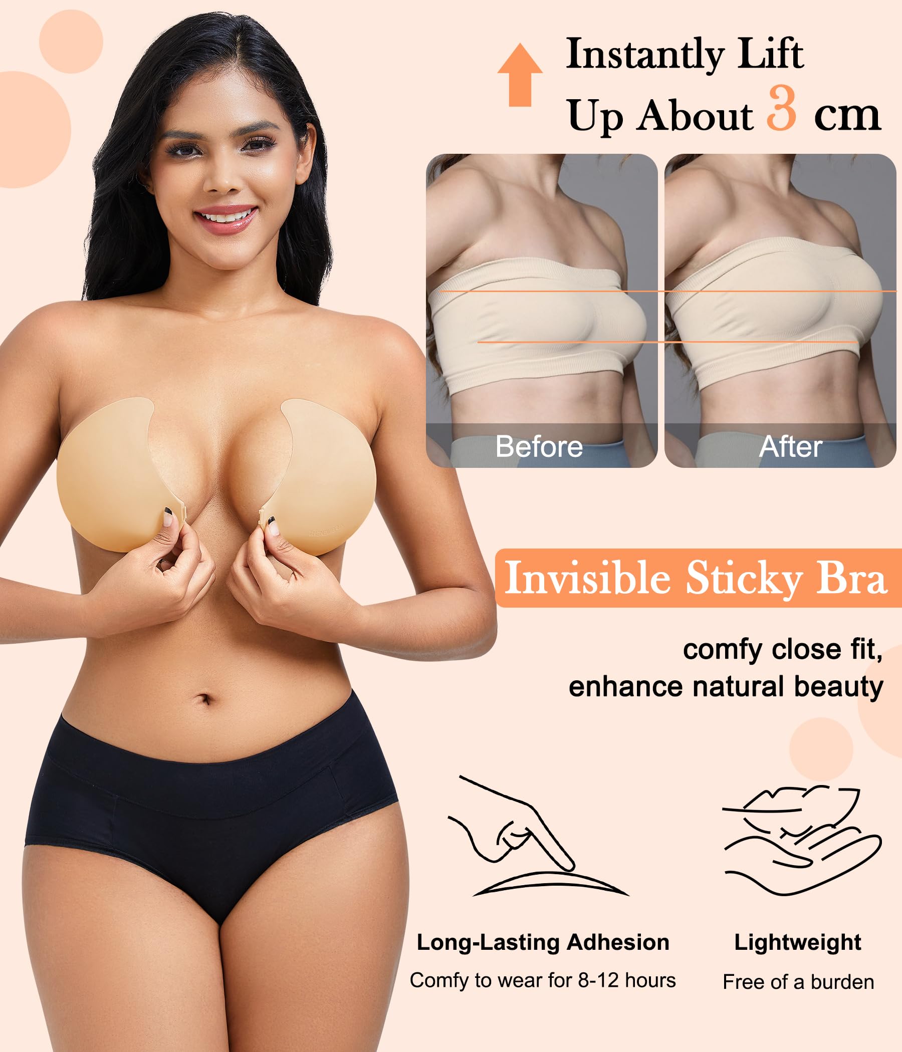 CYDREAM Sticky Adhesive Strapless Bra for Women - Invisible Push Up Silicone Bra for Full-Chested & Plus Size - Perfect for Backless Dresses, Wedding Gowns & Evening Wear