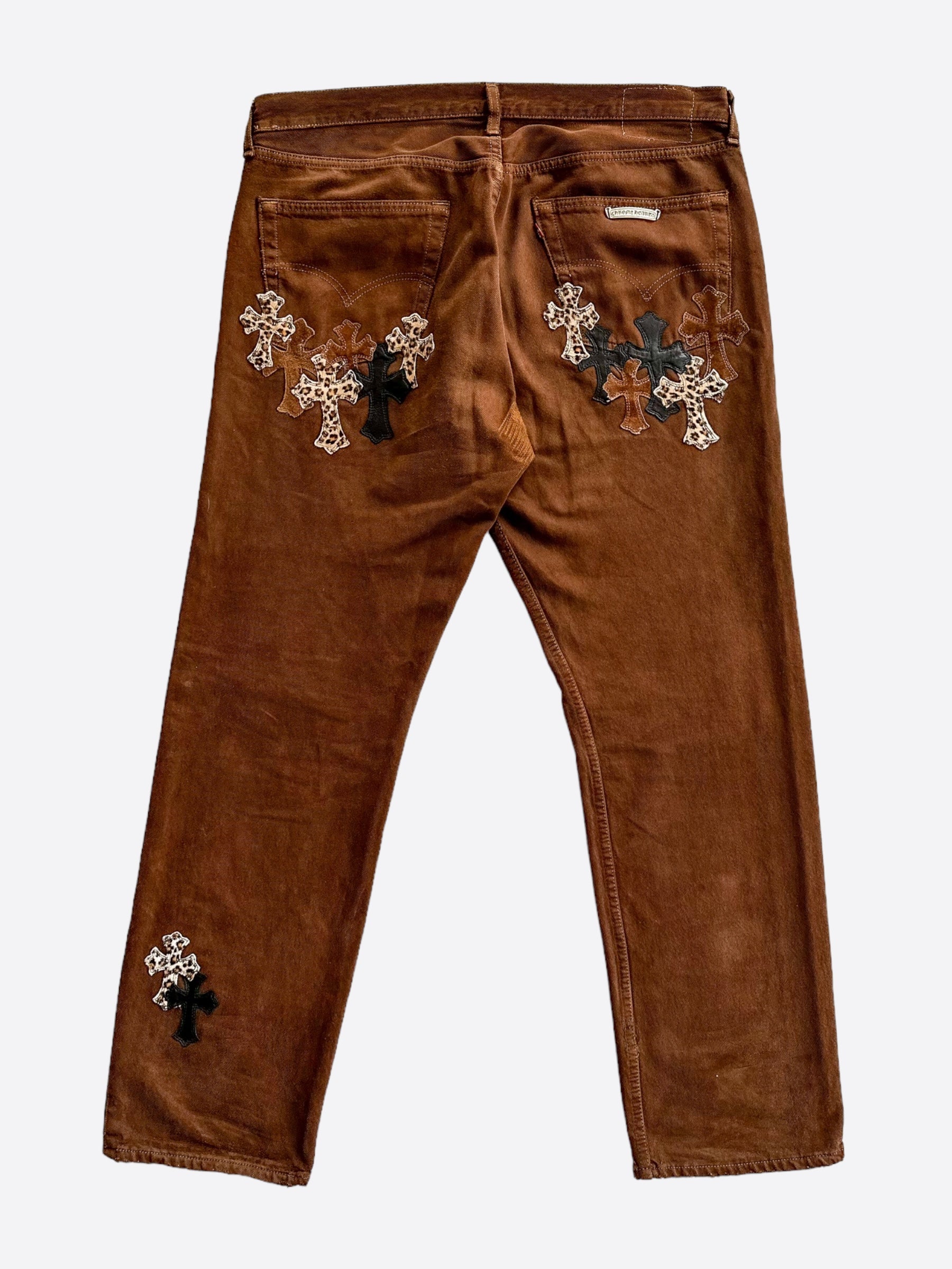 Chrome Hearts x Levi's Brown Exclusive Cross Patch Jeans for Men & Women | Limited Edition NYFW Collaboration | Perfect for Streetwear, Fashion Shows & Casual Outfits