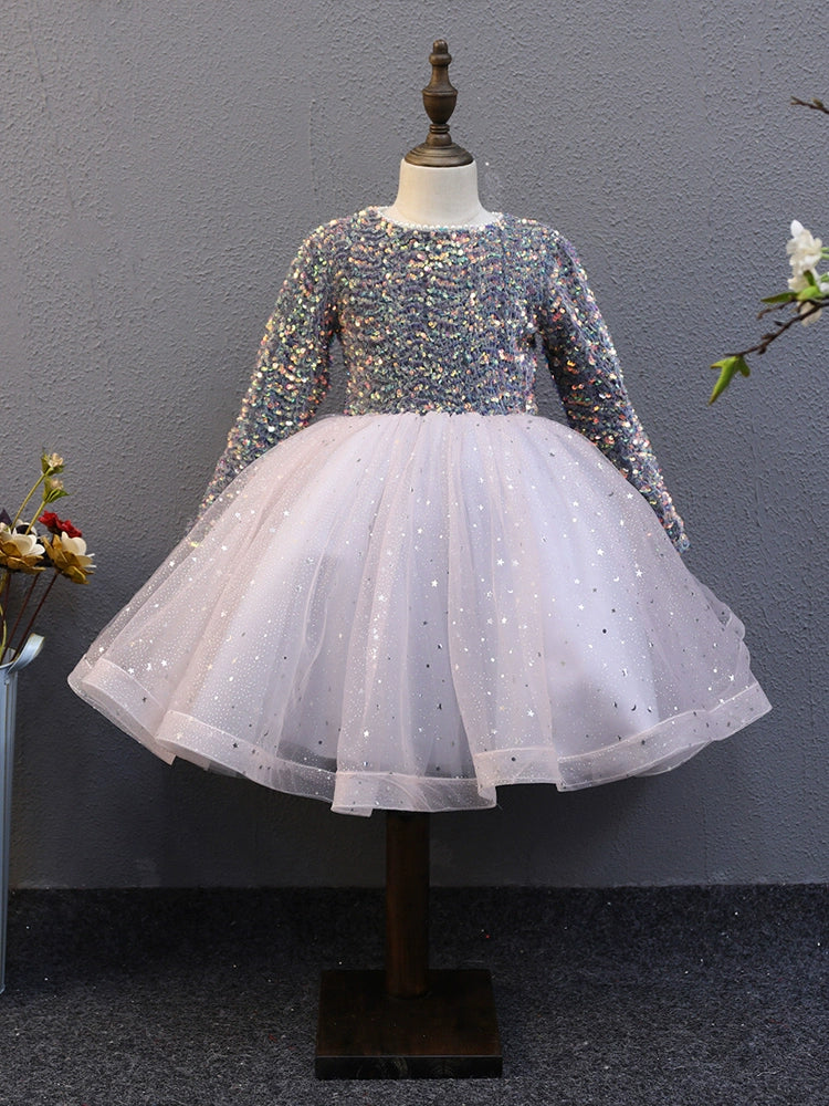 Lilac A-Line Round Neck Tea-Length Tulle Flower Girl Dress for Weddings & Special Occasions