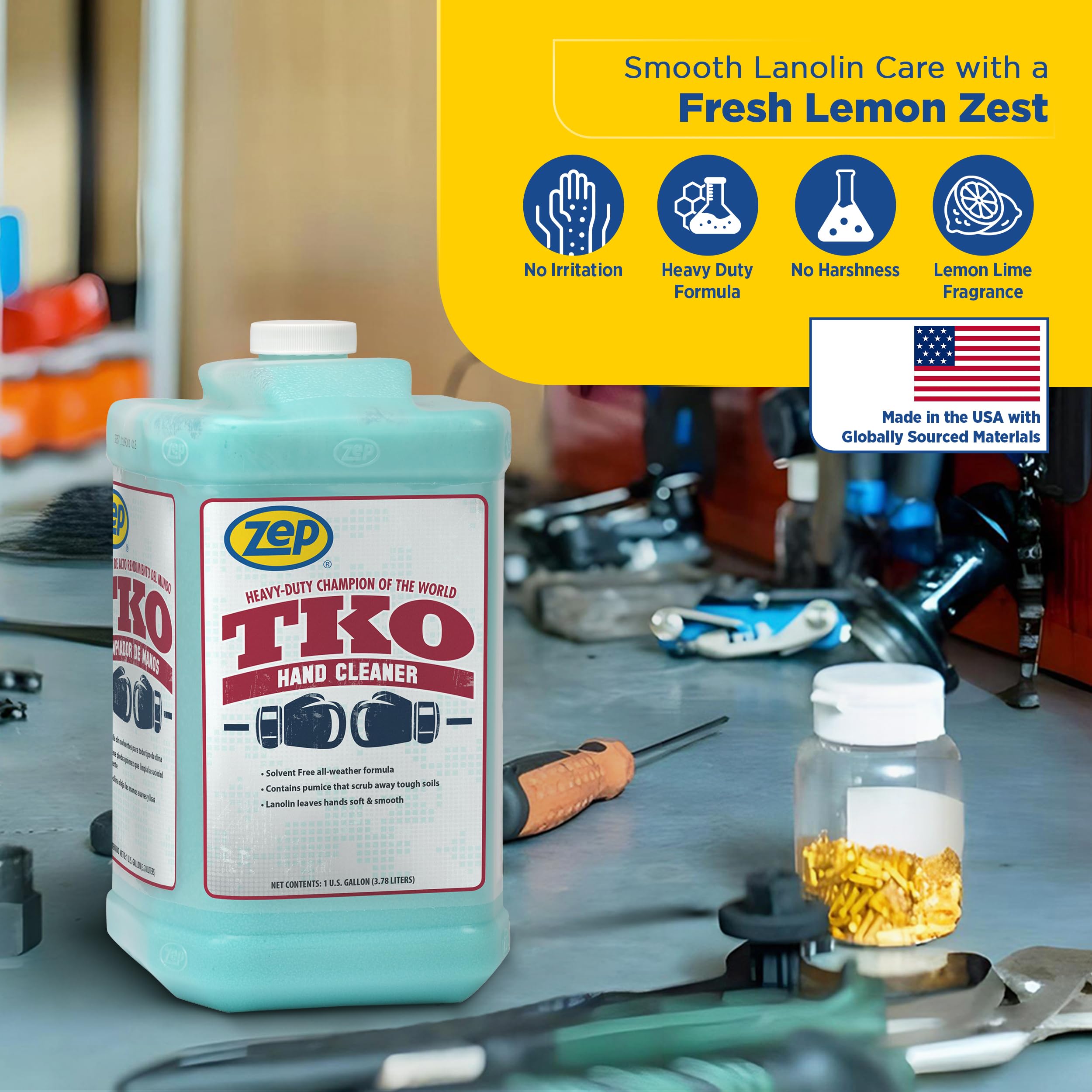 Zep TKO Heavy-Duty Industrial Hand Cleaner - 1 Gallon (Case of 4) - Professional-Grade Degreaser for Mechanics, Auto Shops & Construction Workers - Includes Dispenser for Easy Use in Garages, Workshops & Job Sites