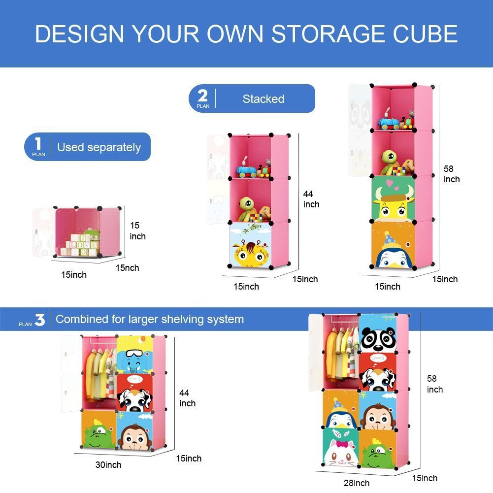 MAGINELS Kids Wardrobe Closet with Door - 8 Cube Storage Organizer for Baby Girl & Children (14x14 Inch, Pink) | Portable Dresser for Bedroom, Nursery & Playroom Clothes Organization