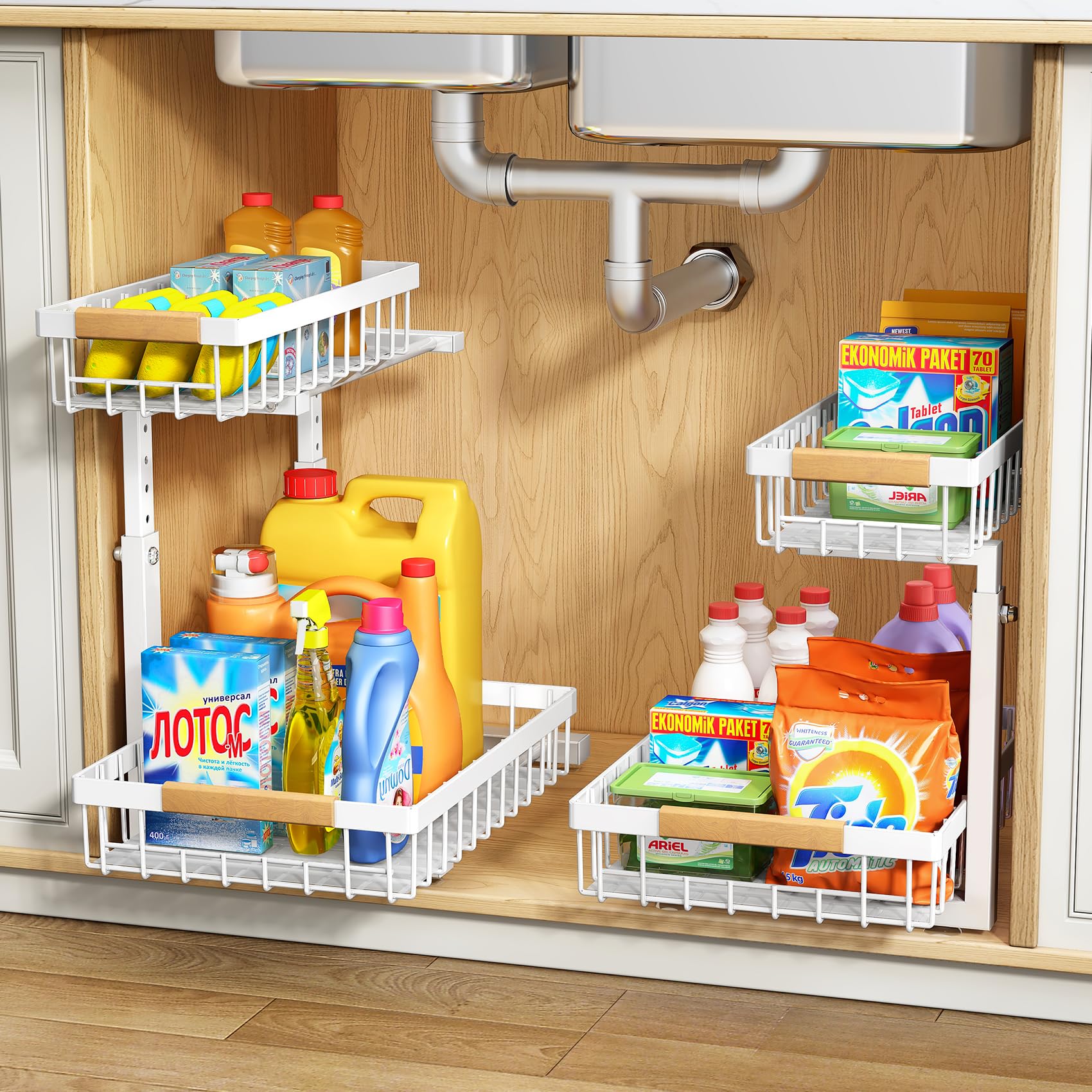 PXRACK 2 Pack Under Sink Organizer - Adjustable Height 2 Tier Pull Out Cabinet Organizer with Thickened Metal Slide Out Design - Perfect for Kitchen, Bathroom, Laundry & Pantry Storage - White