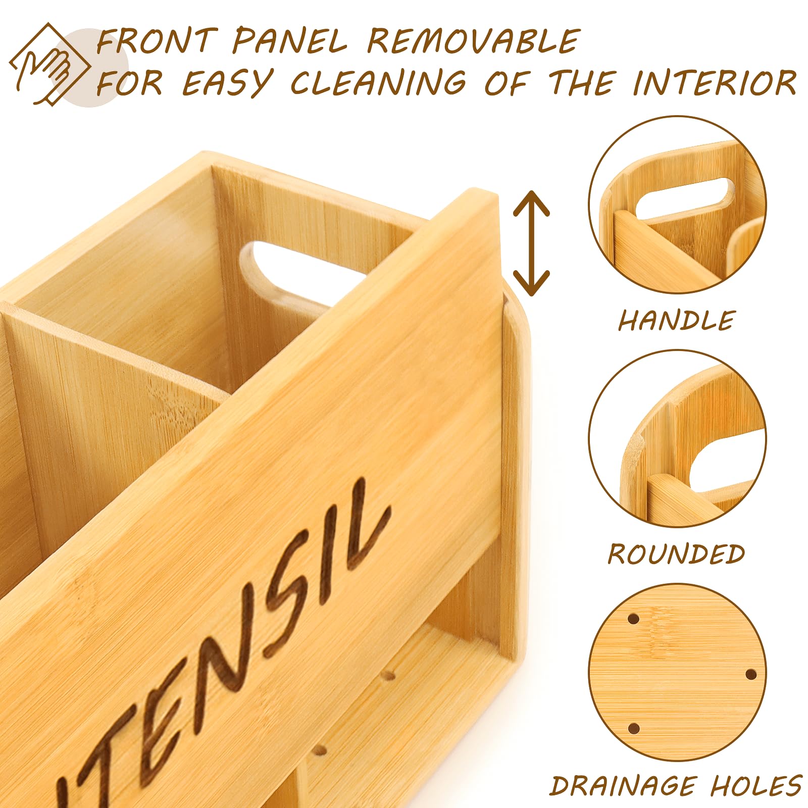 Bamboo Kitchen Utensil Holder - 3 Compartment Countertop Organizer for Cooking Tools