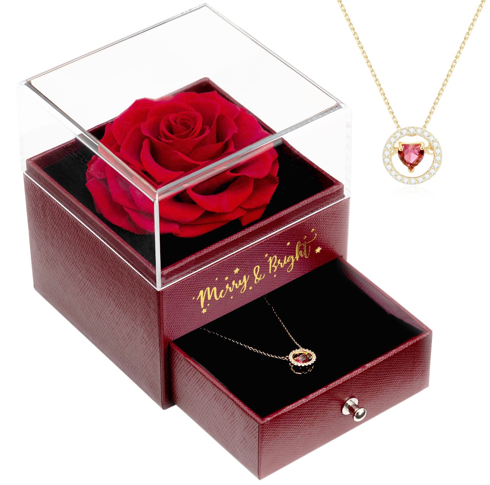 Real Preserved Rose with Necklace in Romantic Gift Box - Eternal Rose for Valentine's Day, Mother's Day, Wedding Anniversary & Birthday Gifts for Women - Perfect for Romantic Surprises, Special Occasions & Keepsake Memories (Red)
