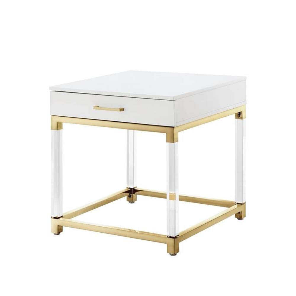 Briar 1-Drawer Metal End Table with Acrylic Legs in White & Gold - Modern Nightstand, Living Room Side Table, Bedroom Accent Table for Small Spaces