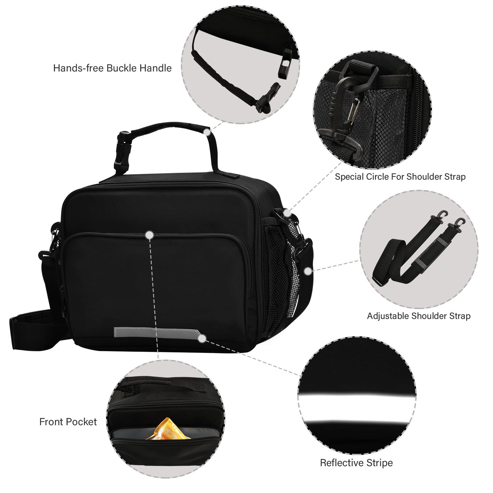 Insulated Reusable Lunch Bags for Kids - Black School Lunch Box for Boys & Girls, Adults - Perfect for School, Work, Picnics & Travel