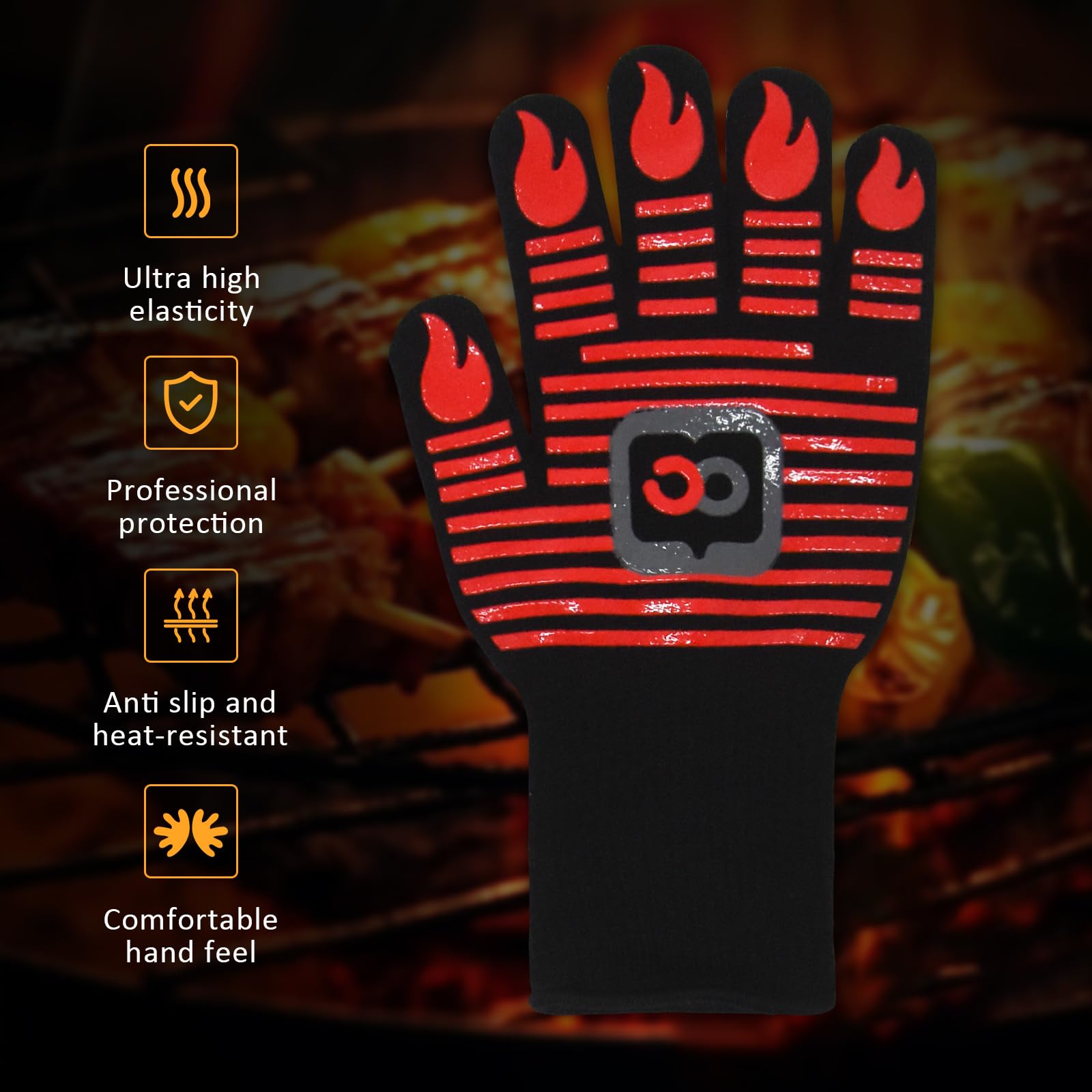 Heat Resistant BBQ Gloves - 1472°F High Temperature Grilling & Oven Gloves, Non-Slip Silicone Kitchen Gloves for Barbecue, Cooking, Baking, Meat Cutting - Perfect for Outdoor Grilling, Camping & Backyard Parties (Red)