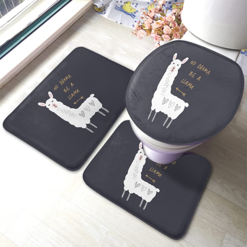 Zaueky No Drama Be A Llama 3-Piece Bathroom Rug Set - Cute Cartoon Non-Slip Bath Mat with Rubber Backing, U-Shaped Contour Rug & Toilet Lid Cover - Soft & Absorbent for Kids & Adults Bathroom Decor