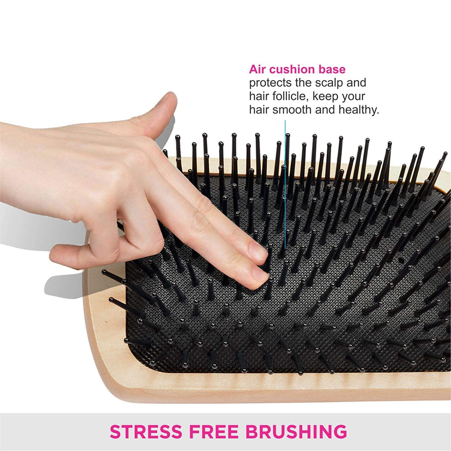 RENESMEE Metal Pin Bristle Hair Brush - Detangling & Anti-Static Paddle Brush with Rounded Steel Bristles - Ergonomic Wooden Handle for Scalp Massage - Perfect for Normal, Curly, Thick Hair & Wigs - Salon & Home Hair Care Essential
