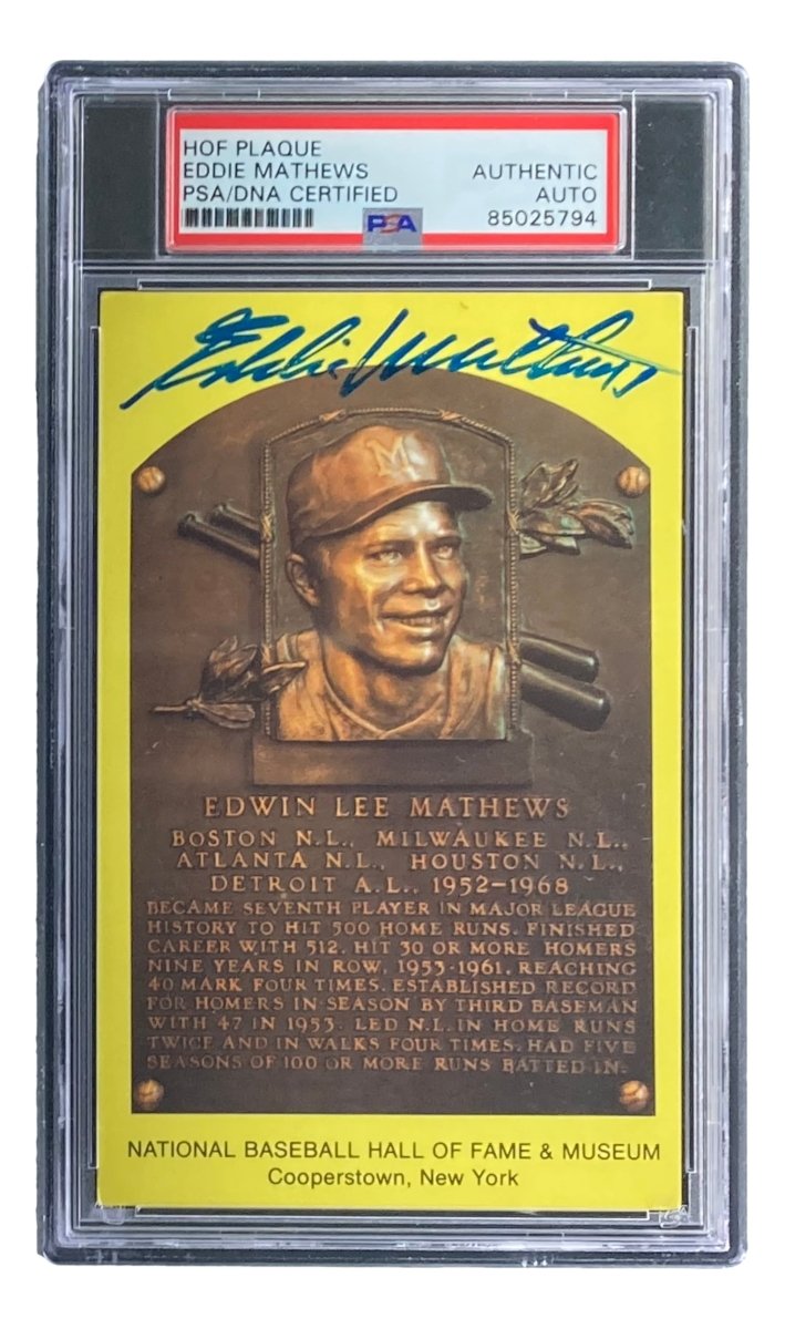 Authentic Eddie Mathews Signed 4x6 Milwaukee Braves HOF Plaque Card - PSA/DNA Certified #85025794 - Perfect for Baseball Memorabilia Collections & Sports Fan Gifts