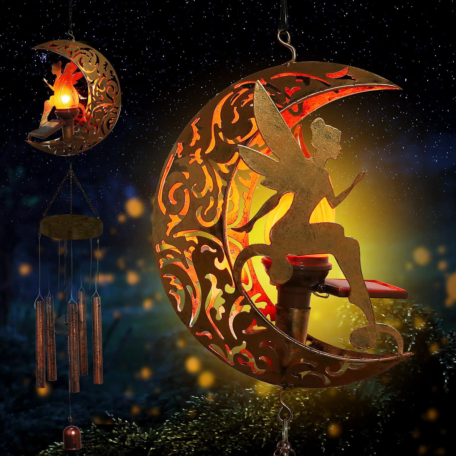 Solar-Powered Moon Fairy Wind Chimes with Angel Decor - Outdoor Garden Flame Ball Wind Chime for Patio, Yard & Porch - Perfect Memorial Gift for Mom, Women & Grandma - Birthday & Gardening Present for Outdoor Decor & Relaxation