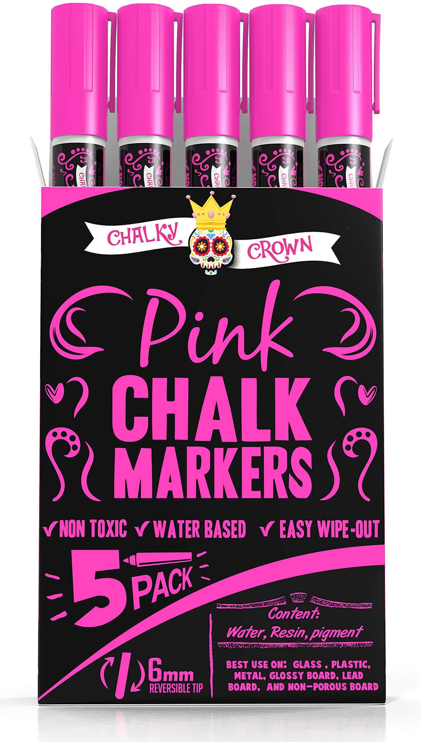 CHALKY CROWN Liquid Chalk Marker Pens - 6mm Reversible Tip Dry Erase Markers for Chalkboard, Blackboard, Glass & Windows - Non-Toxic, Vibrant Colors - Perfect for Restaurants, Cafes, Retail Signs & DIY Projects (Pink, 5 Pack)
