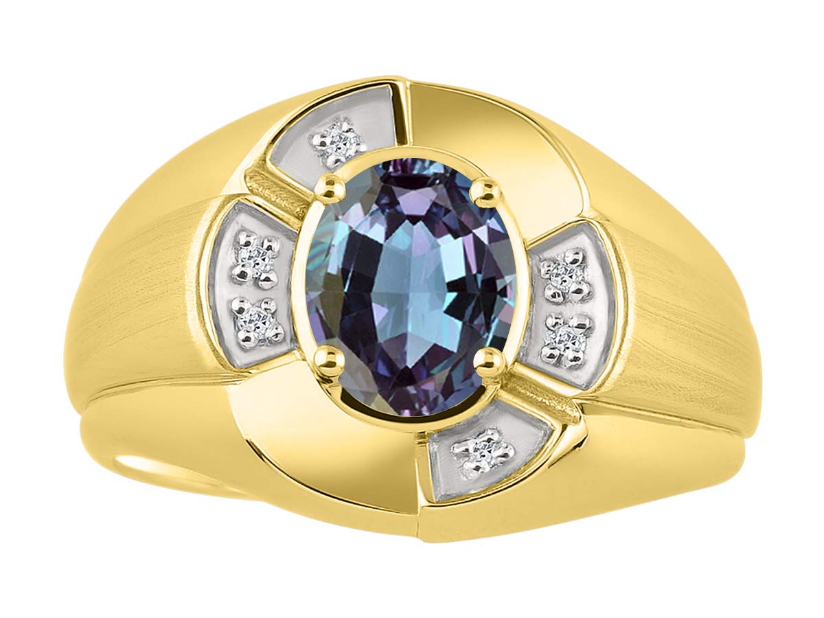 RYLOS 8X6MM Oval Gemstone & Diamond Men's Ring - Yellow Gold Plated Silver Birthstone Ring for Men & Women (Sizes 7-13) | Wedding, Anniversary, Gift & Everyday Wear Jewelry
