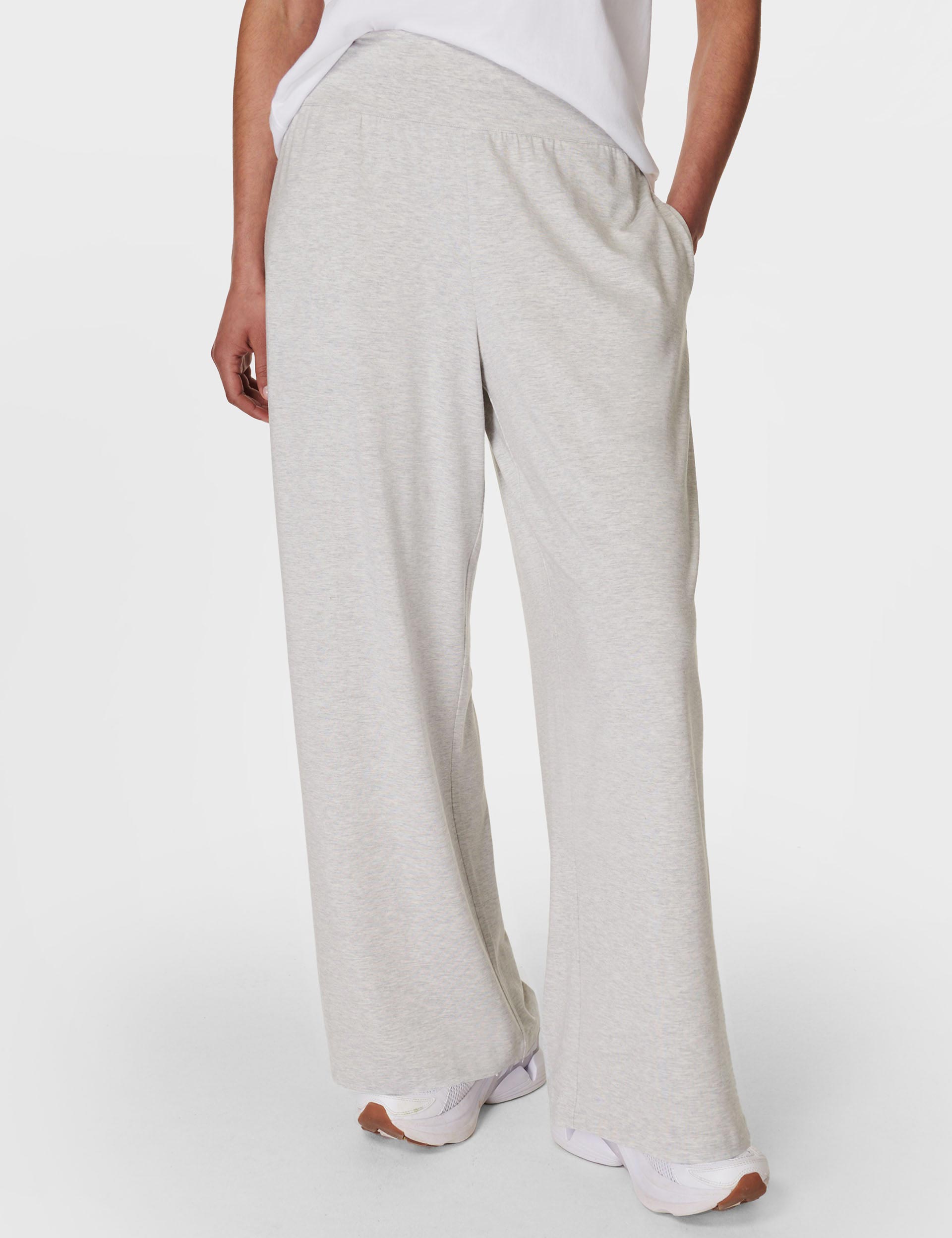 Modal Wide Leg Pants for Women - Light Grey Marl Soft Stretch Lounge Pants - Comfortable Casual Wear for Home, Office & Travel