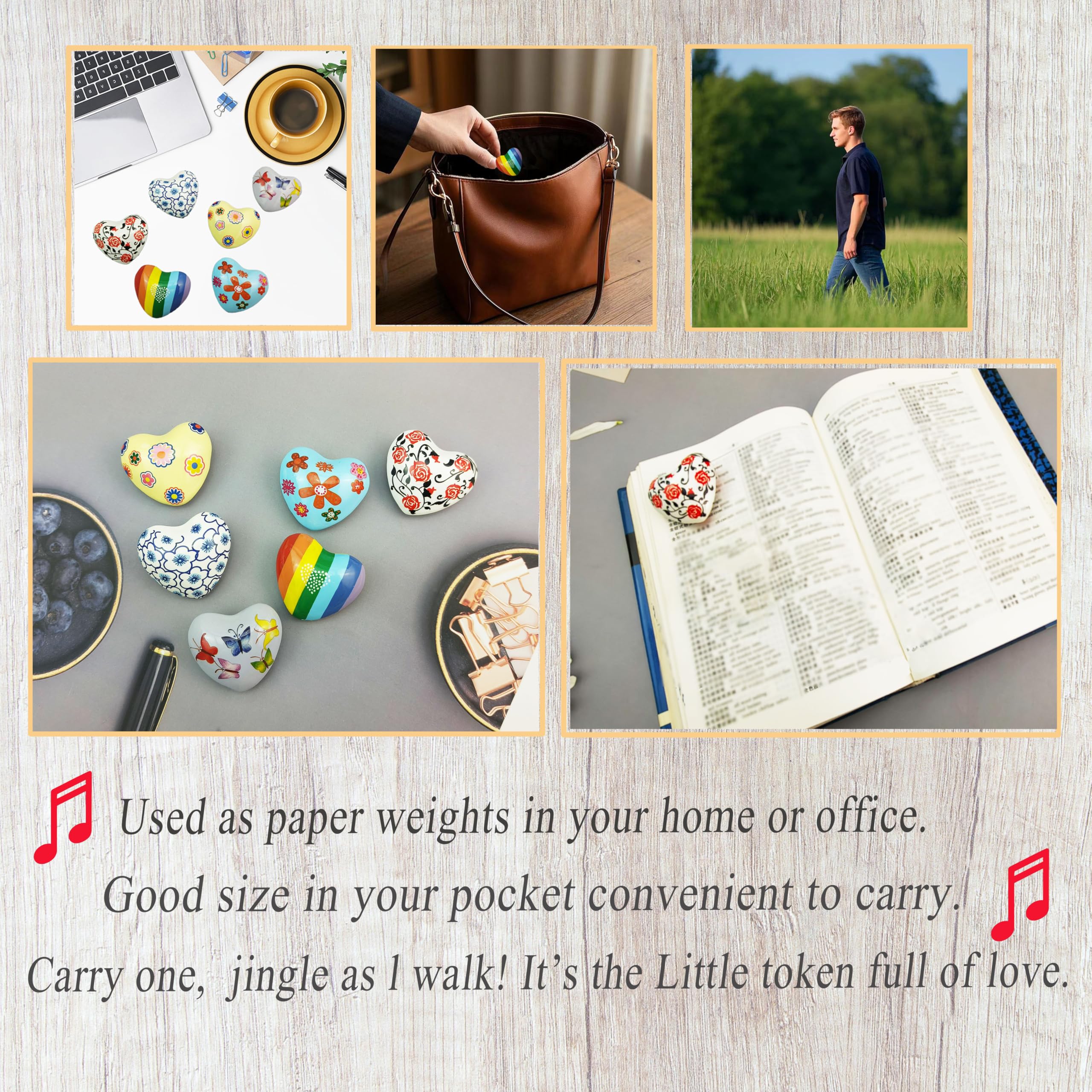 Chime Heart Decorations - Musical Bells with Hand-Painted Patterns, Portable Art & Gift Set (6 Unique Designs) for Home Decor, Wedding Favors & Garden Ornaments