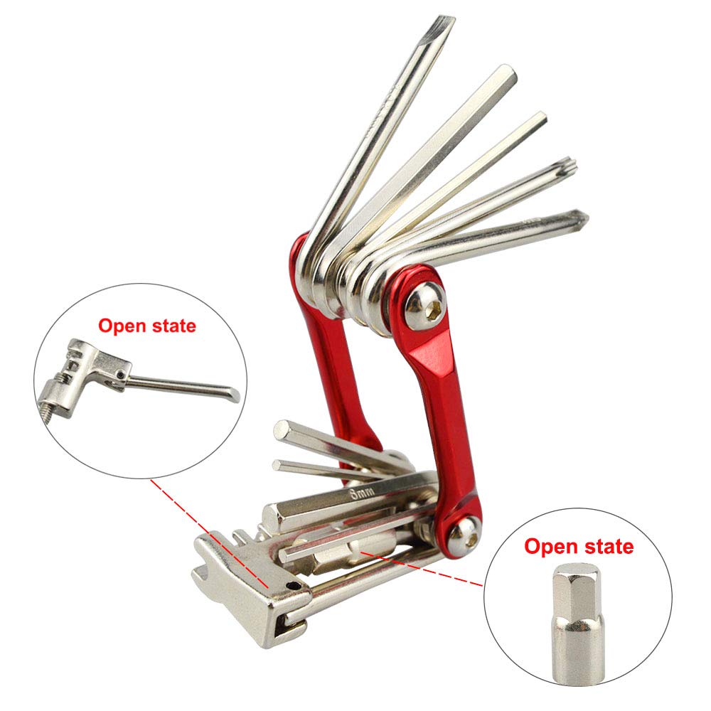 QitinDasen 11-in-1 Bike Repair Tool Kit - Multifunctional Portable Foldable Bicycle Maintenance Tool for Road & Mountain Bikes (Red) - Perfect for Home Repairs, Cycling Trips & Emergency Fixes
