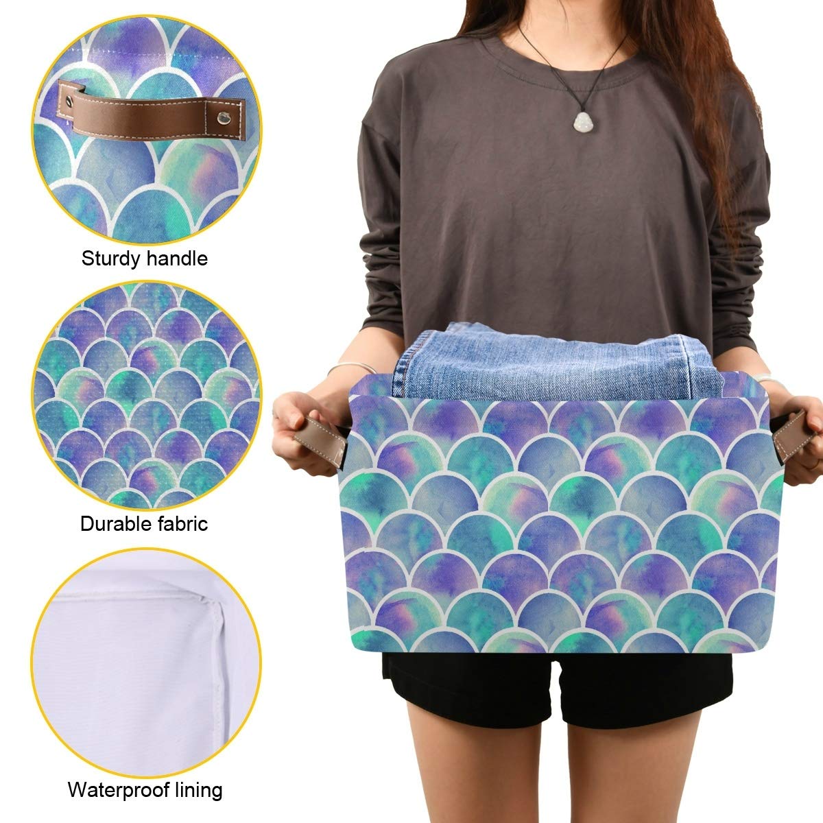 Rainbow Mermaid Scales Square Storage Baskets - 2 Pack Canvas Organizer Bins for Closet, Shelf, Home & Office Organization - Perfect for Toys, Books, and Home Decor Storage