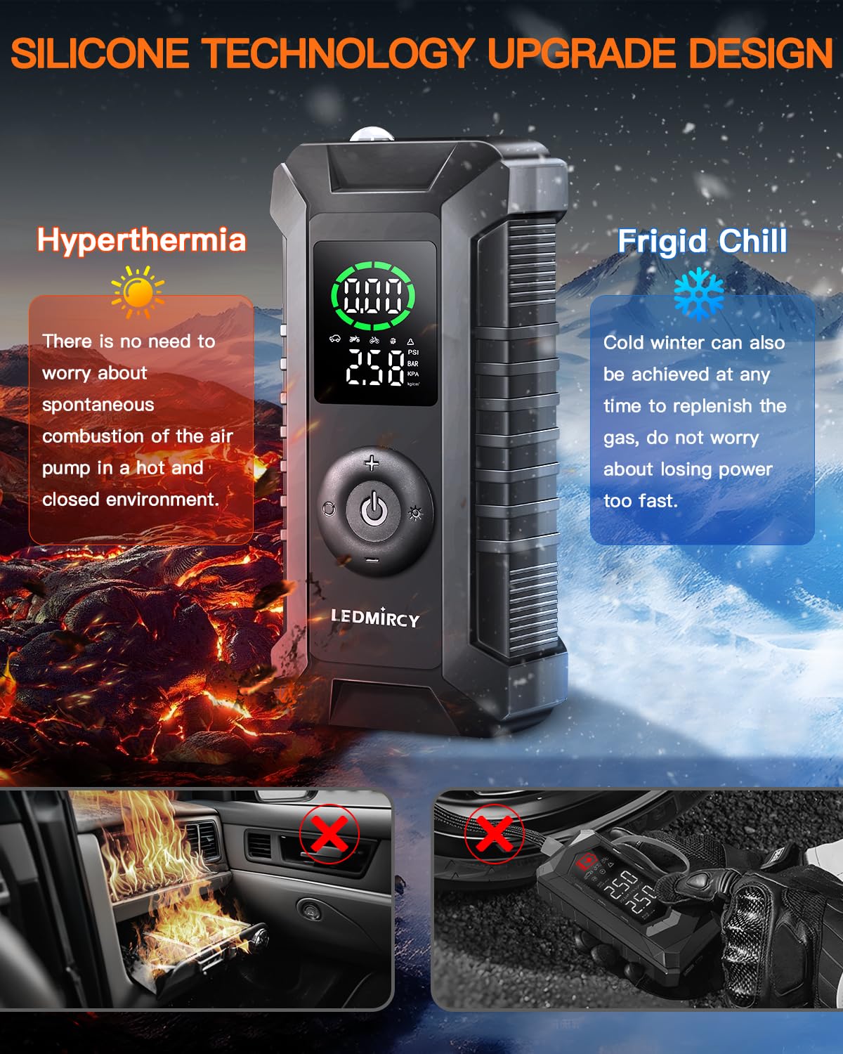LEDMIRCY 12V DC Portable Tire Inflator Air Compressor with Digital Pressure Gauge - Emergency Car Tire Pump for Cars, Pickup Trucks, Motorcycles & Bicycles | Compact Travel Air Pump for Roadside Assistance & Home Use
