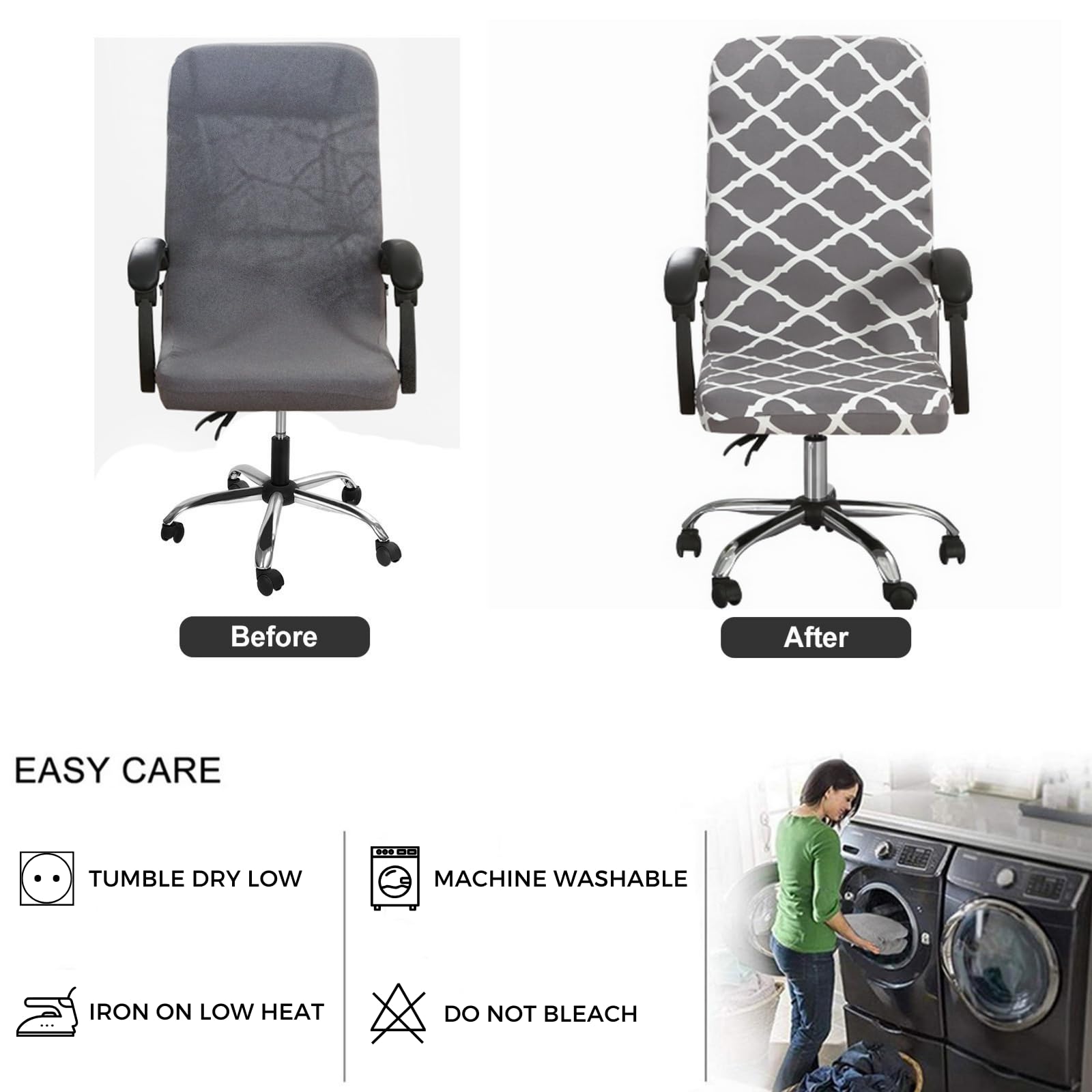 Durable Zippered Office Chair Cover - Washable Stretchable Desk Chair Slipcover for High Back Computer Chairs - Medium Size Grey Rhombus Print - Perfect for Home Office, Gaming & Workspace Decor