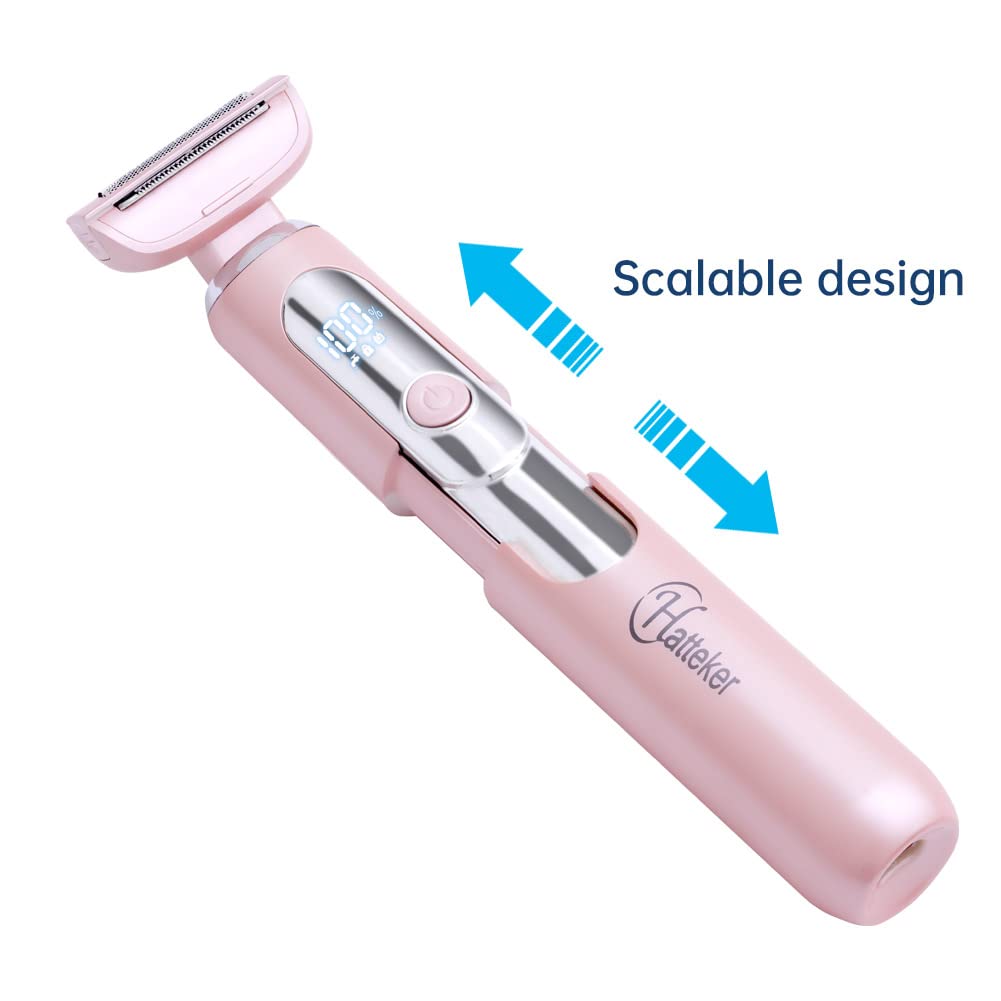 Hatteker Electric Lady Shaver Razor - Rechargeable Wet & Dry Waterproof Women's Bikini Trimmer for Legs, Underarms & Pubic Hair - Painless Hair Removal with Extendable Handle - Perfect for Travel, Gym & Home Use