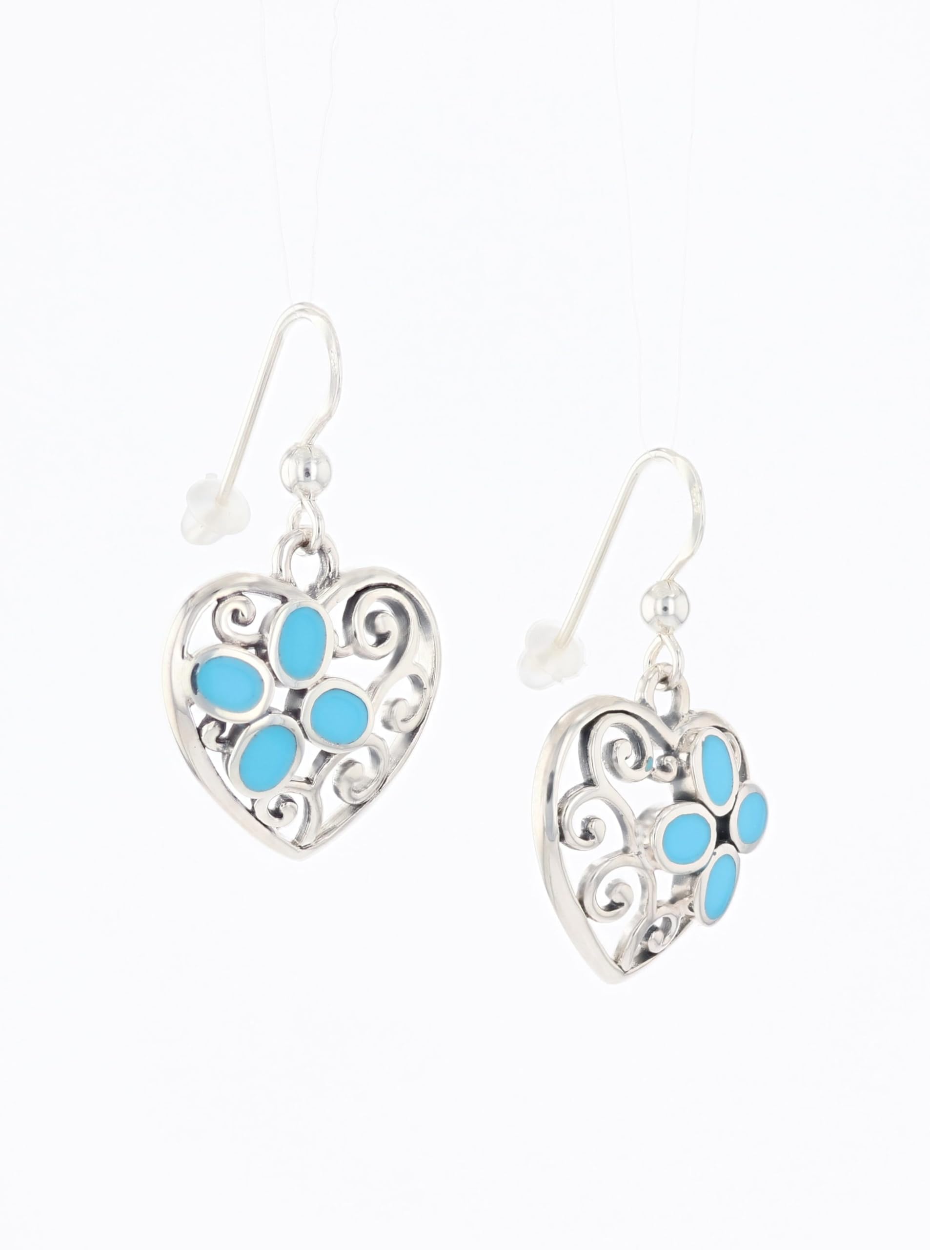 Filigree Heart Created Turquoise Sterling Silver Dangle Earrings for Women | Handmade Bohemian Jewelry | Perfect for Weddings, Date Nights & Special Occasions