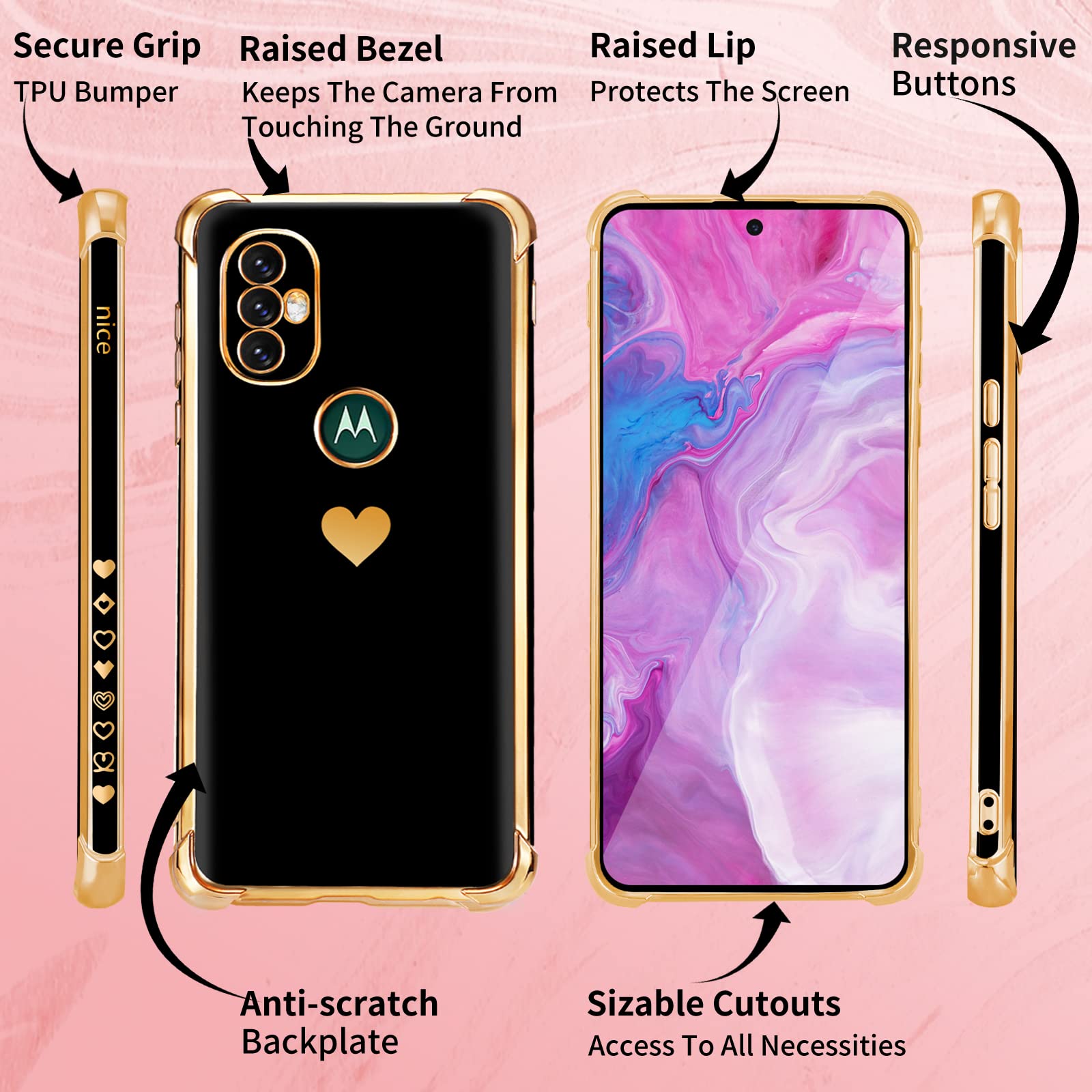 3-in-1 Heart Pattern Phone Case for Motorola Moto G Power 2022 (6.5 Inch) - Cute Aesthetic Love Design with Screen Protector & Chain - Perfect Gift for Women & Girls (Black Gold Luxury Girly Style) - Ideal for Daily Use, School, Work & Travel Protection