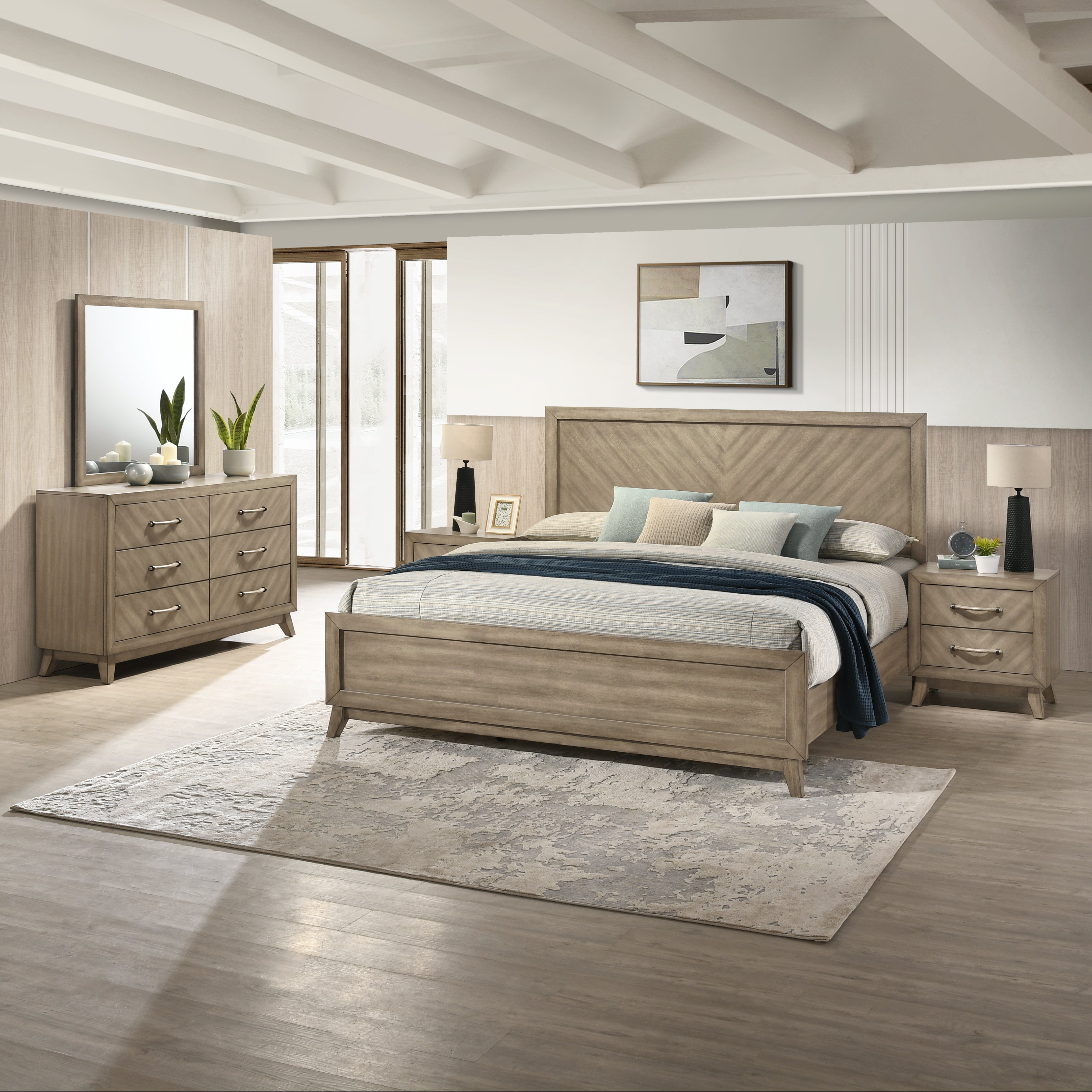 Roundhill Furniture Arena Contemporary Wood Bedroom Set - Queen Size Bed, Nightstand & Dresser in Antique Gray Finish | Modern Farmhouse Bedroom Decor for Master & Guest Rooms