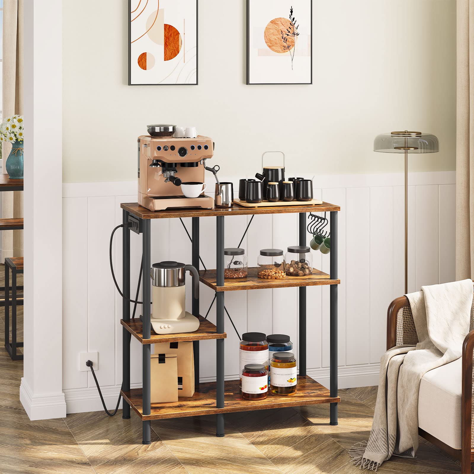 HOOBRO Rustic Brown and Black Bakers Rack with Power Outlet - Microwave Stand with 5 S-Shaped Hooks, Kitchen Storage Shelf & Coffee Bar Organizer - Perfect for Kitchen, Living Room, Dining Room, or Home Office (Model BF07UHB01)
