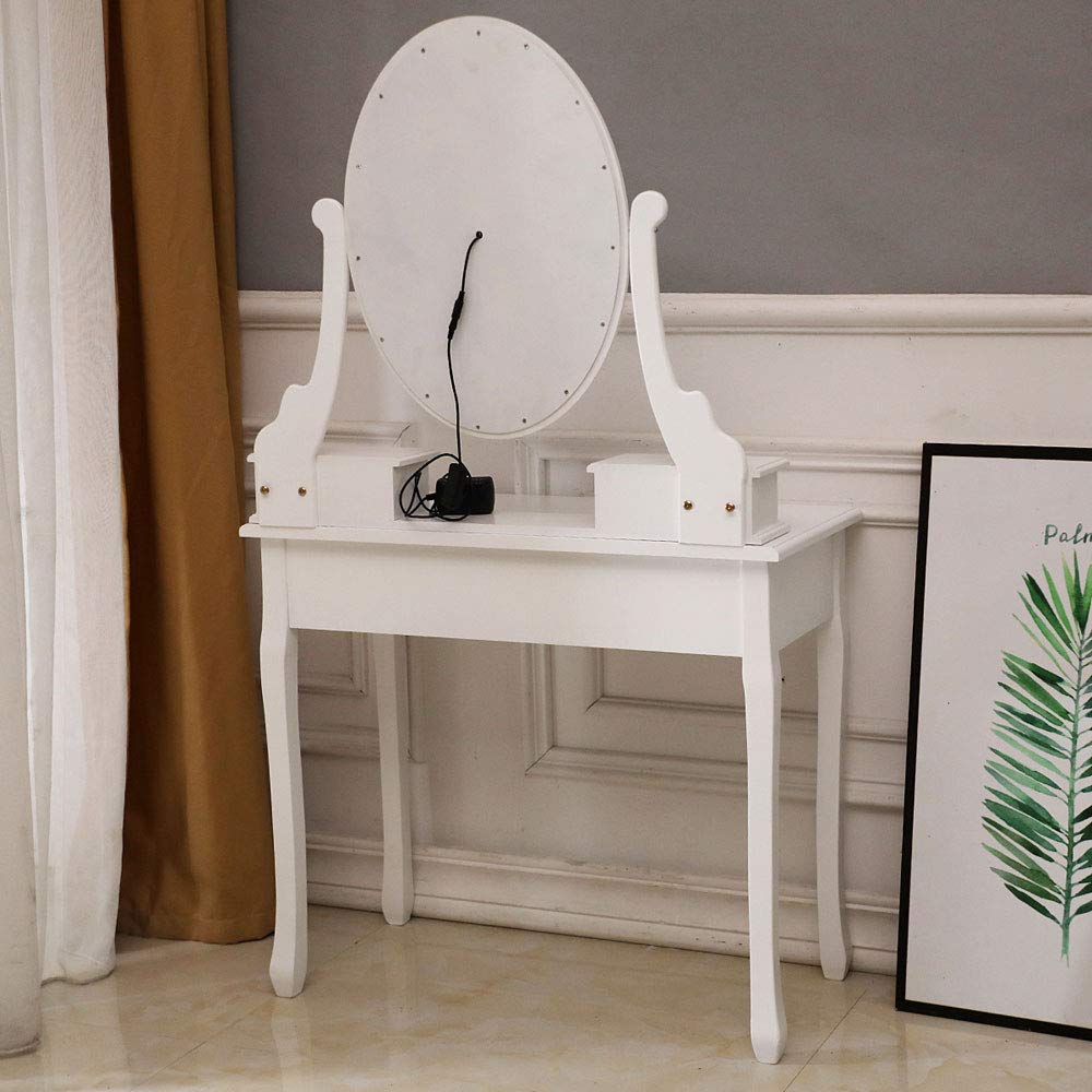 Vanity Table Set with 5 Drawers, Makeup Dressing Desk with Stool, LED Lights Mirror & Storage - White Modern Dressing Table for Women & Girls (31x15x55 Inch) - Perfect for Bedroom, Dressing Room & Home Decor