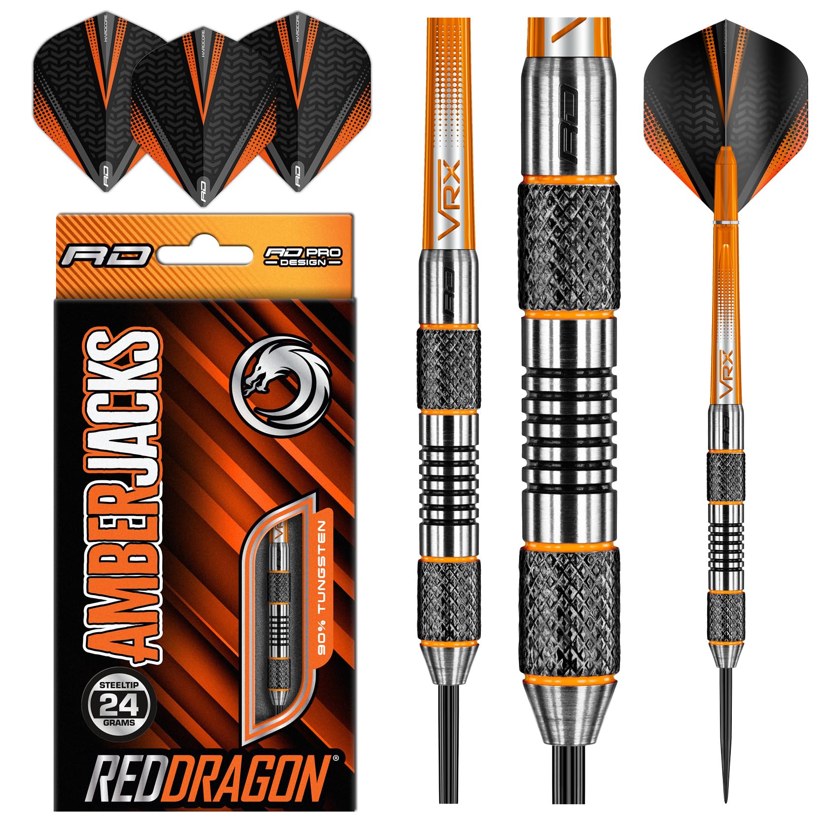 Premium Tungsten Steel Darts Set - Red Dragon Amberjacks 21g, 22g, 24g with Flights, Shafts, Wallet & Checkout Card - Perfect for Professional Darts Players & Home Game Rooms