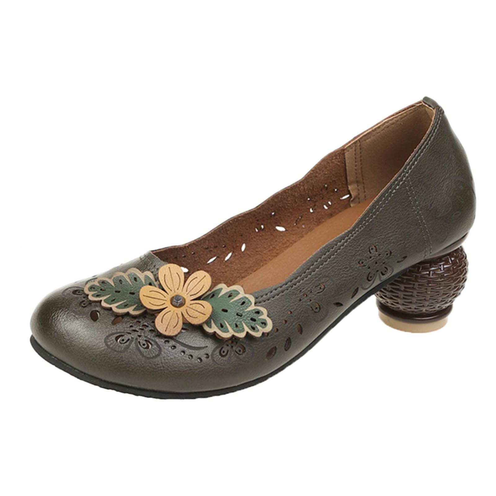 YUHAOTIN Women's Steel-Toe Sneakers - Non-Slip Walking Shoes with Chunky Heel, Retro Hollow Design & Floral Pattern | Comfortable Casual Shoes for Summer | Perfect for Work, Outdoor Activities & Daily Wear