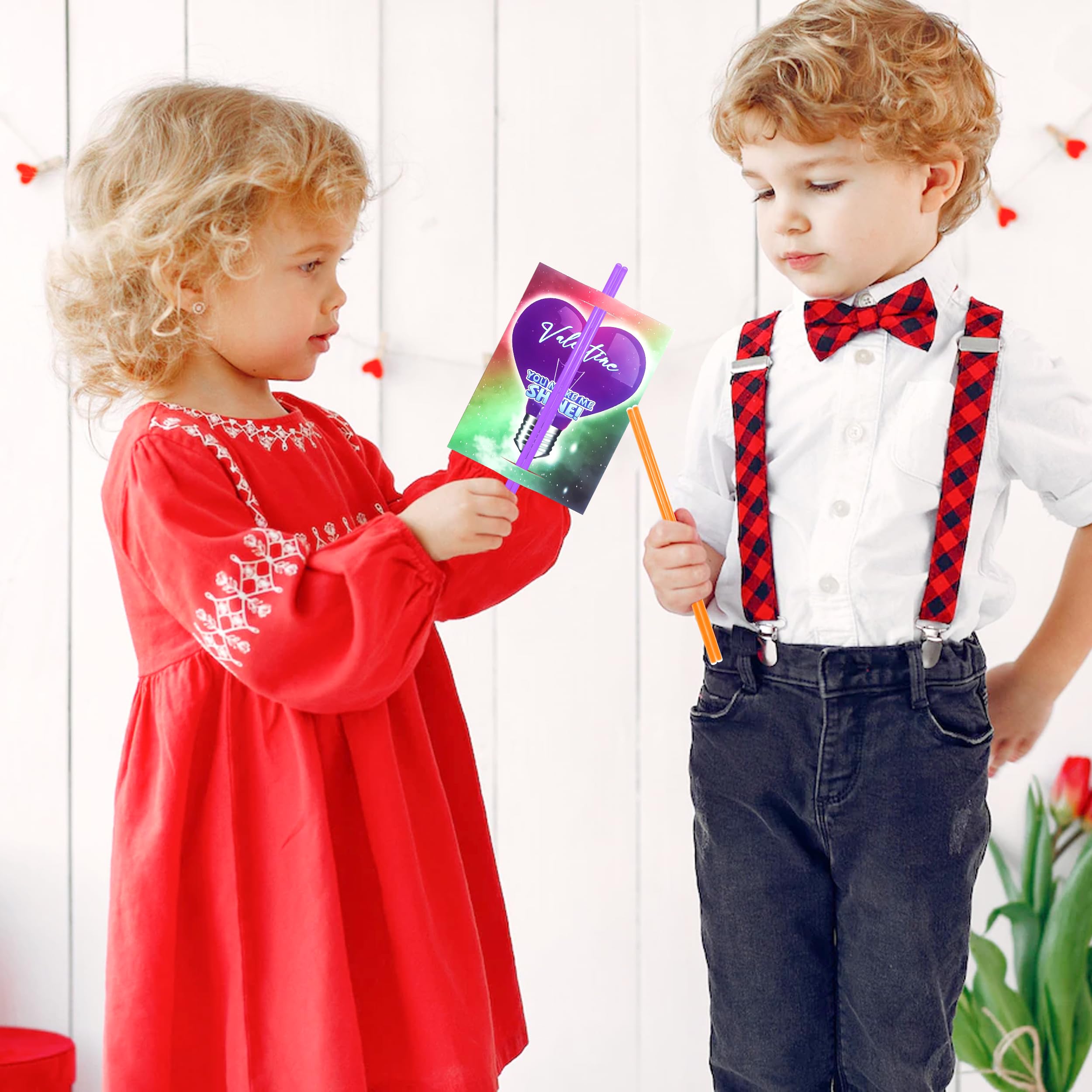 28 PCS Valentine's Day Cards for Kids with 60 Glow Sticks - Classroom Valentine Exchange Cards, Party Favors for Boys & Girls - Perfect for School Celebrations, Gift Giving & Holiday Events