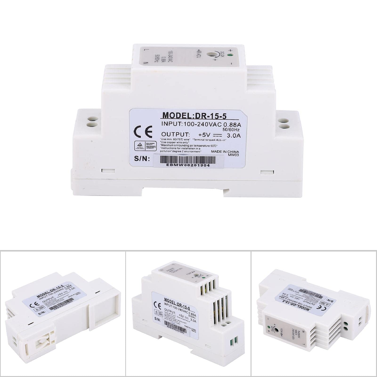 DIN Rail Power Supply 15W 5V 3A, AC/DC 100-240V Input, Single Phase Output Switching Power Supply for Industrial Control Cabinet Equipment - Perfect for Automation Systems, PLCs, and Electrical Enclosures