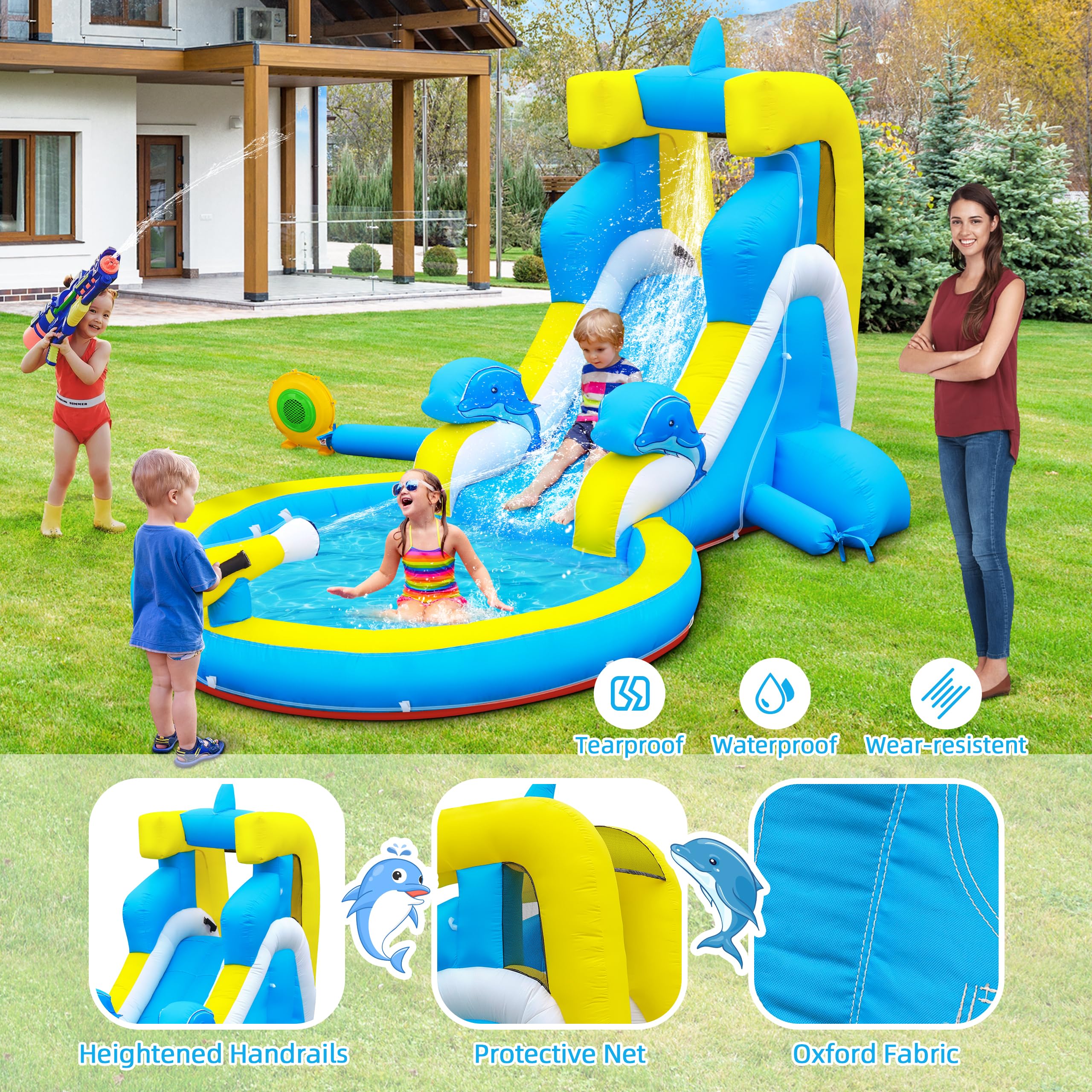 **Inflatable Water Slide for Kids - 4-in-1 Bounce House with Climbing Wall, Splash Pool & Water Cannon - 370W Blower - Wet & Dry Play - Indoor & Outdoor Backyard Birthday Party Fun**    *(Use Case: Perfect for summer parties, backyard fun, family gatherings, and kids' birthday celebrations!)*