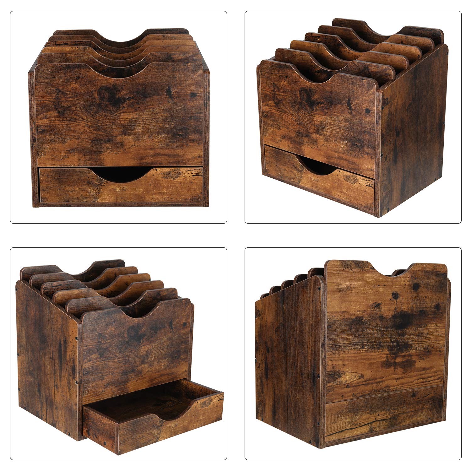 Wooden Desktop File Organizer with Drawer - 6 Compartment Mail Sorter for Folders, Letters, Envelopes & Magazines - Antique Brown Office Supply for Home & Workspace Organization