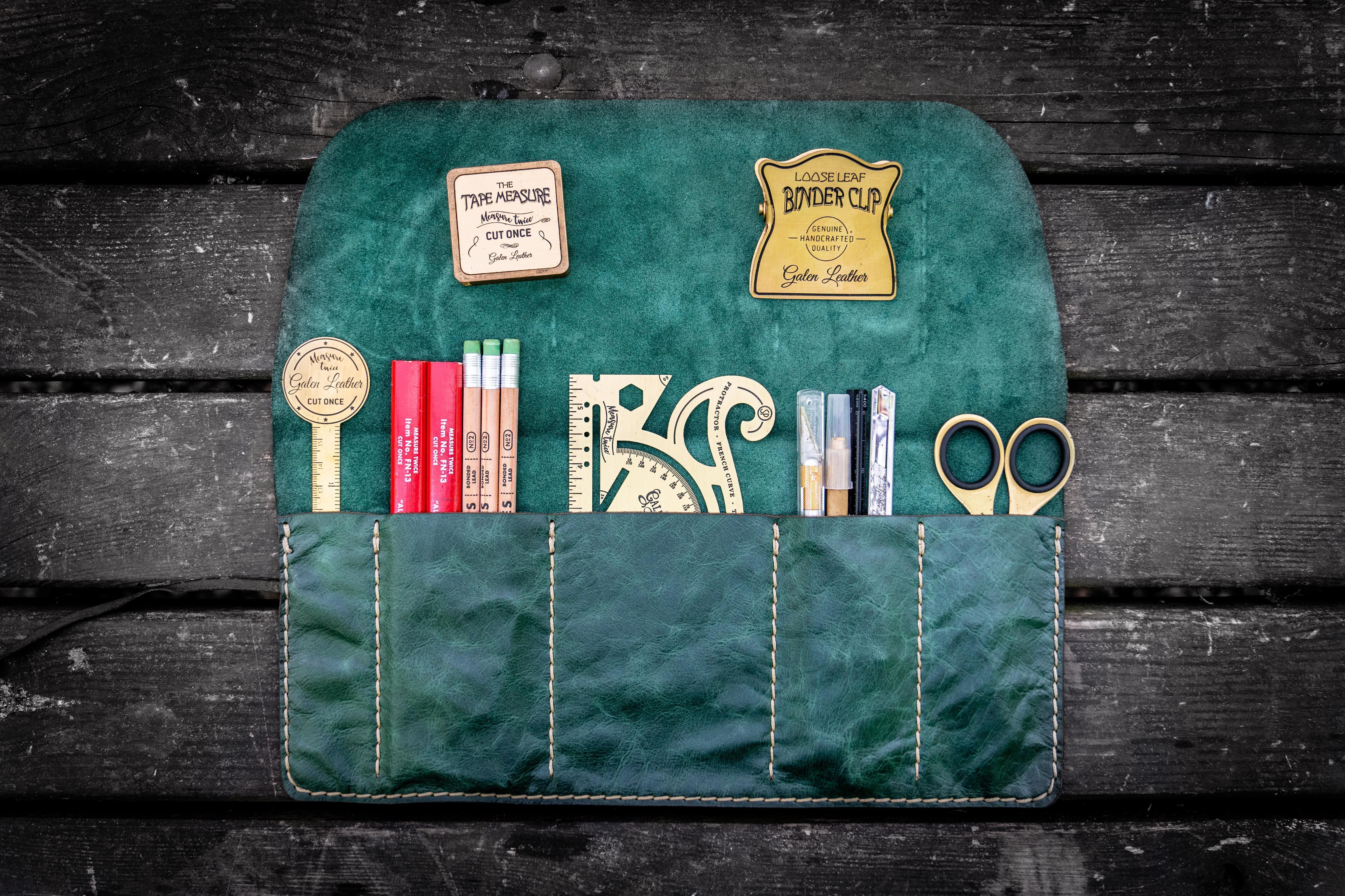 Personalized Leather Pen Roll - Rustic Green Handmade Writing Case for Fountain Pens, Calligraphy & Stationery - Perfect for Artists, Writers & Office Use