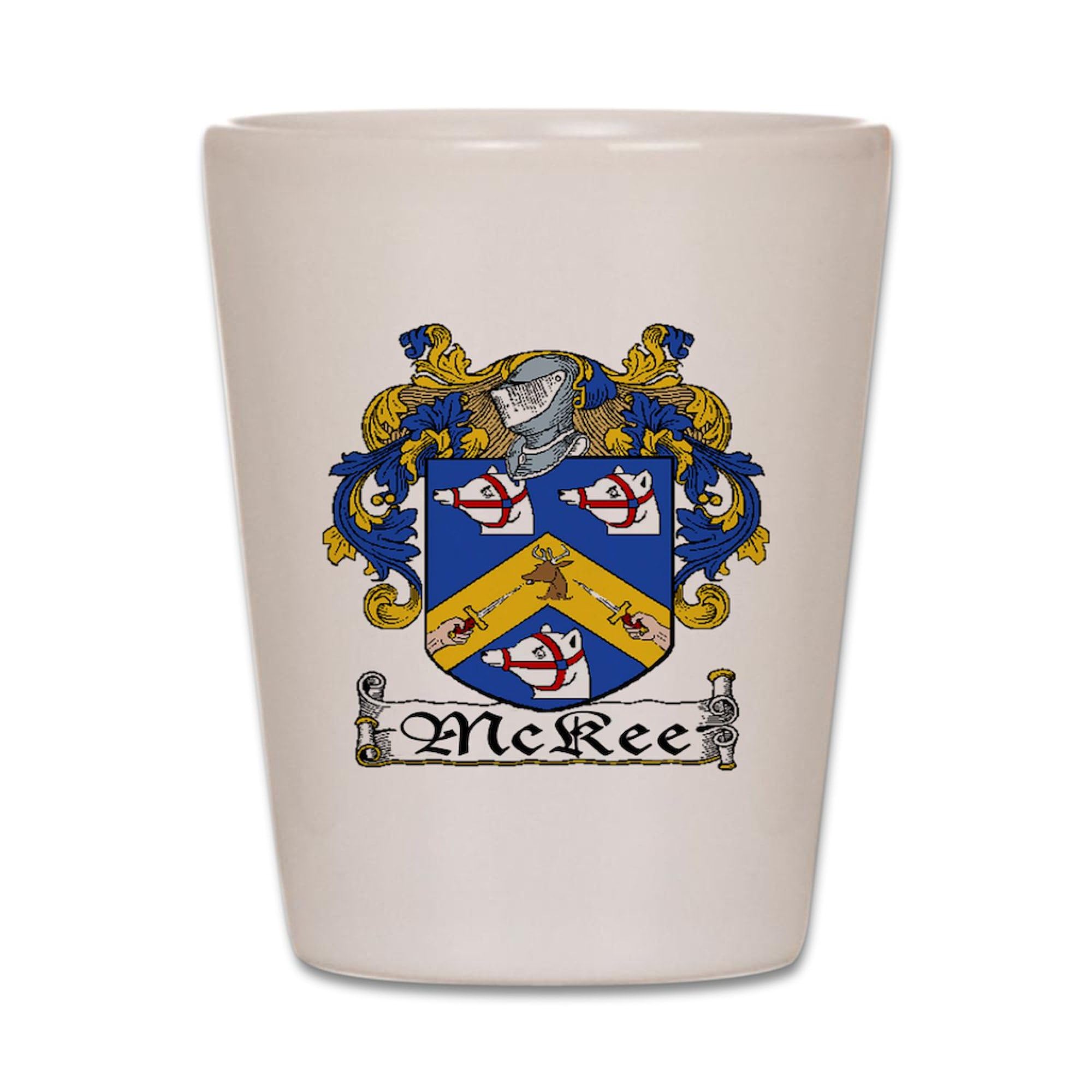 McKee Coat of Arms Funny Shot Glass - Unique Personalized Whiskey Glass for Parties, Gifts & Irish Pub Nights - Engraved Family Crest Design