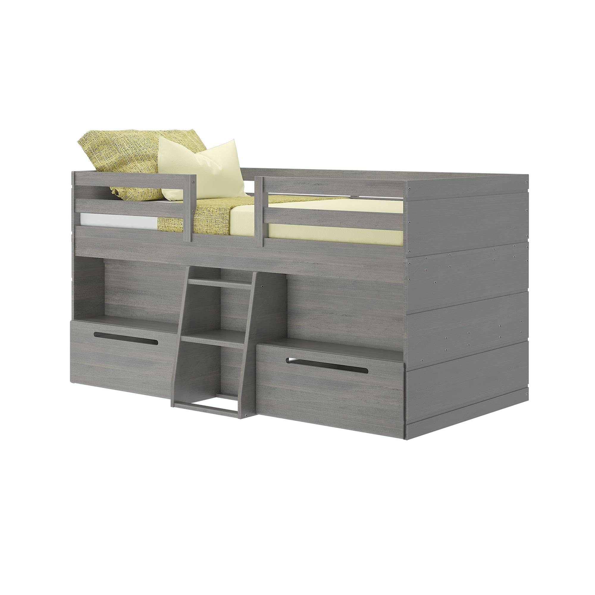 Modern Farmhouse Low Loft Bed with 2 Drawers - Twin Size, Solid Wood Frame in Driftwood Finish | Space-Saving Kids Bedroom Furniture for Small Rooms & Dorm Decor