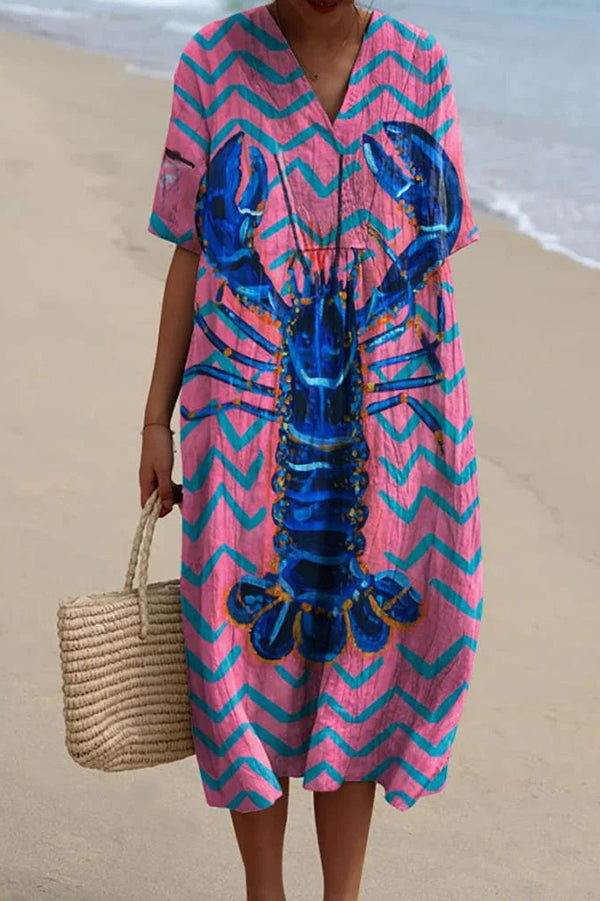 Stylish Marine Print V-Neck Short Sleeve Midi Dress for Women | Beach Vacation, Summer Party & Casual Outfit